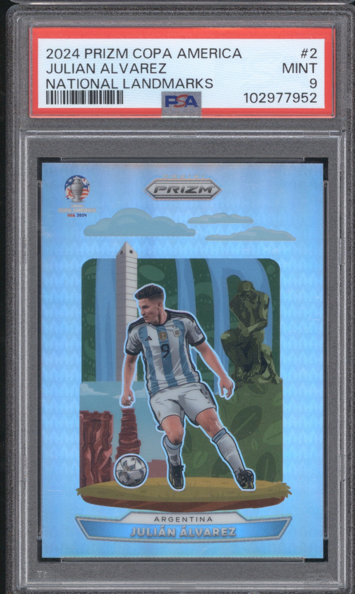 JULIAN ALVAREZ 2024 PANINI PRIZM NATIONAL LANDMARKS COPA AMERICA #2 PSA 9