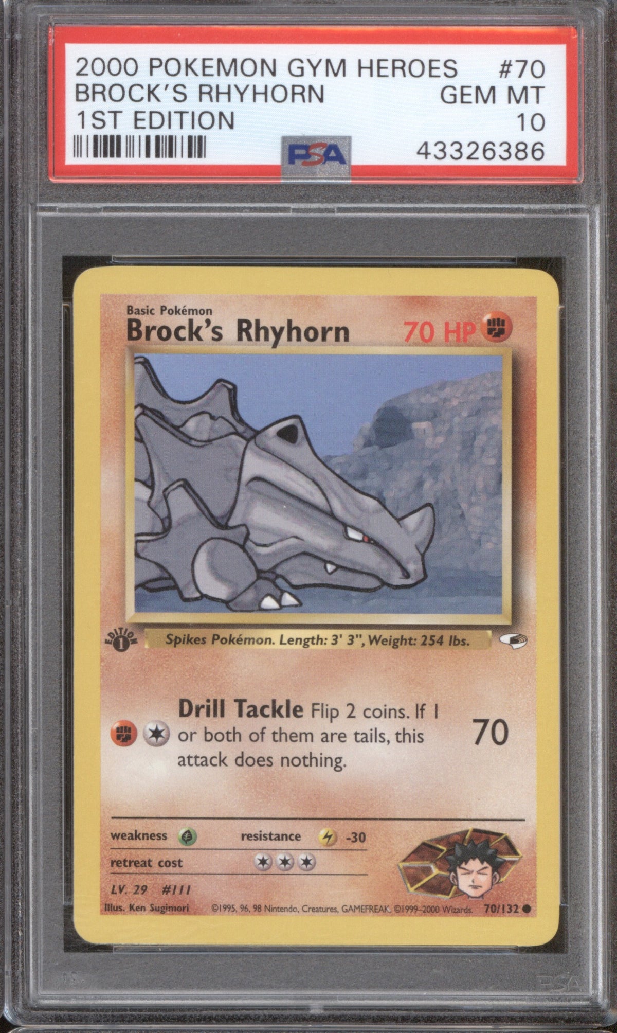 BROCK'S RHYHORN 2000 POKEMON GYM HEROES 70 PSA 10 1ST EDITION