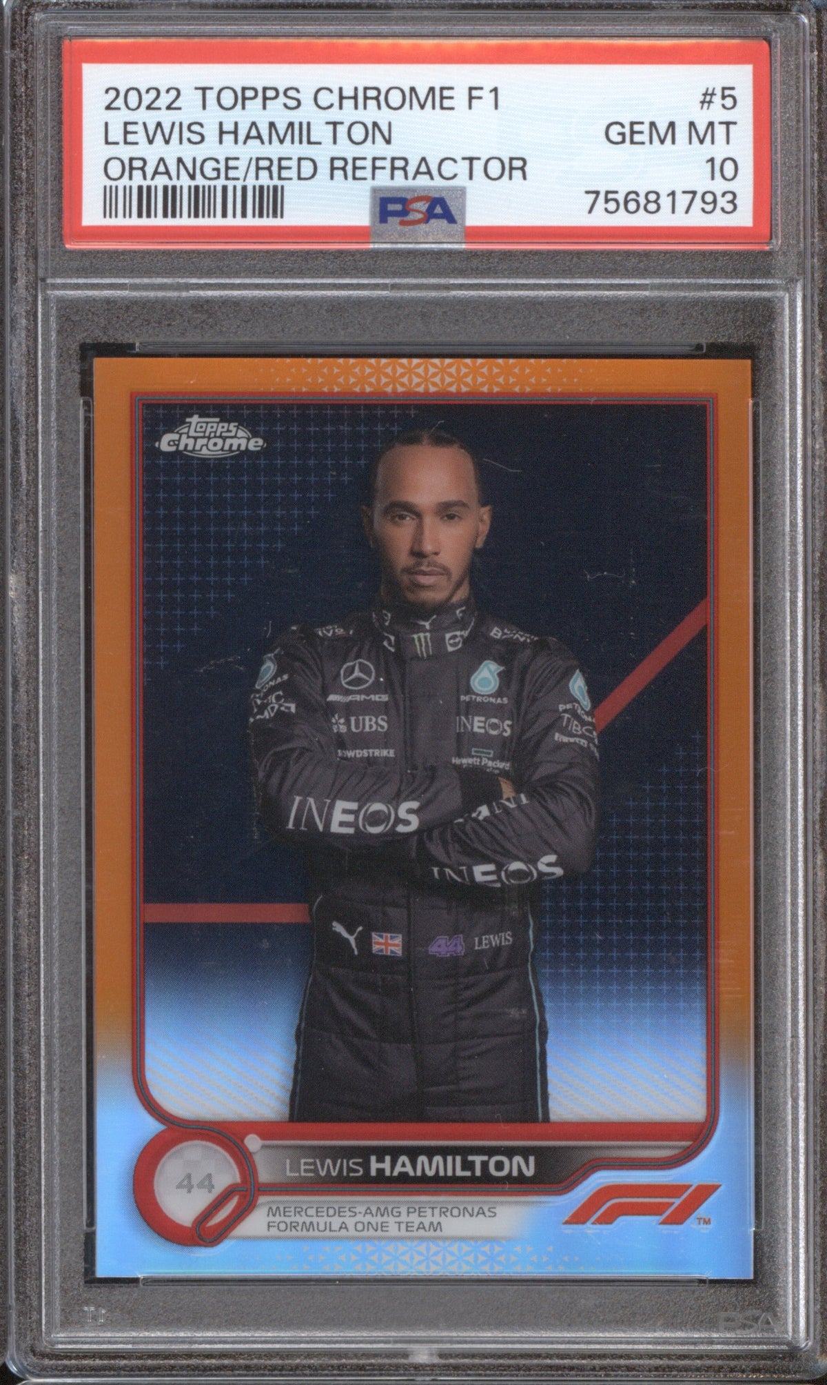 LEWIS HAMILTON 2022 TOPPS CHROME FORMULA 1 5 PSA 10 ORANGE/RED REFRACTOR
