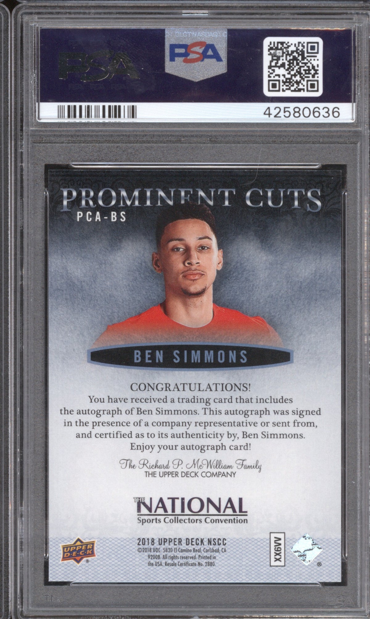 BEN SIMMONS 2018 UPPER DECK NATIONAL PROMINENT CUTS AUTOGRAPHS PCABS PSA 10 AUTO