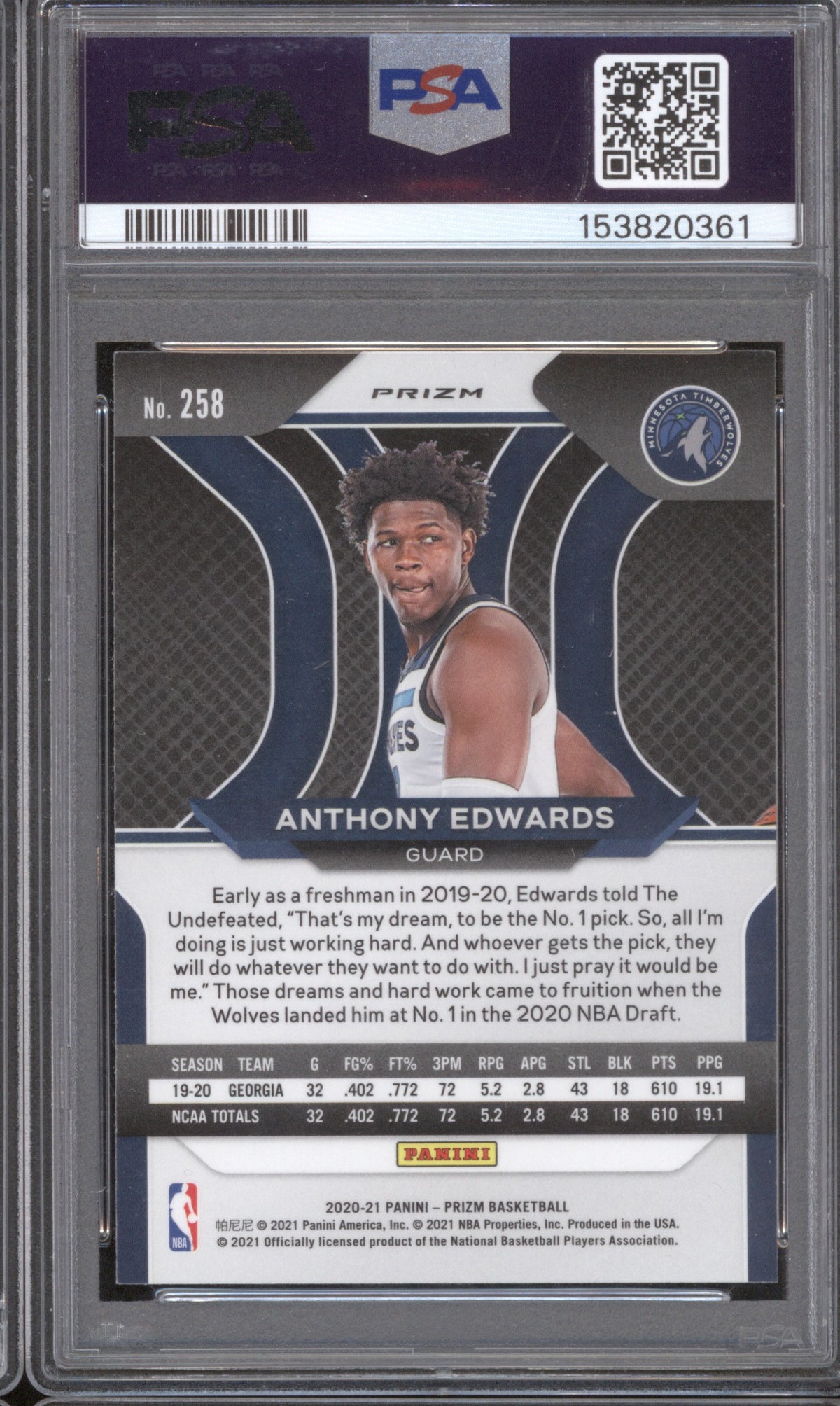 ANTHONY EDWARDS 2020 PANINI PRIZM 258 PSA 9 SILVER PRIZM