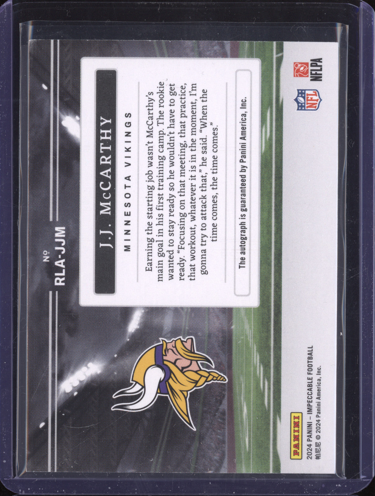 JJ McCarthy 2024 Panini Impeccable RJA-JJM Landscape Rookie Auto RC 95/99