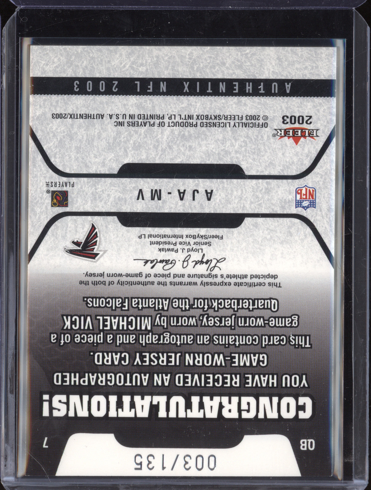 Michael Vick 2003 Fleer Authentix AJA-MV Autographed Jersey 003/135