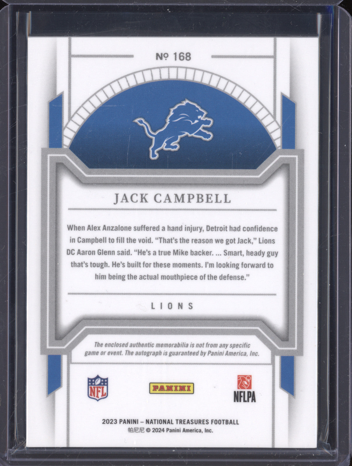 Jack Campbell 2023 Panini National Treasures 168 RPA Stars & Stripes Blue RC /10
