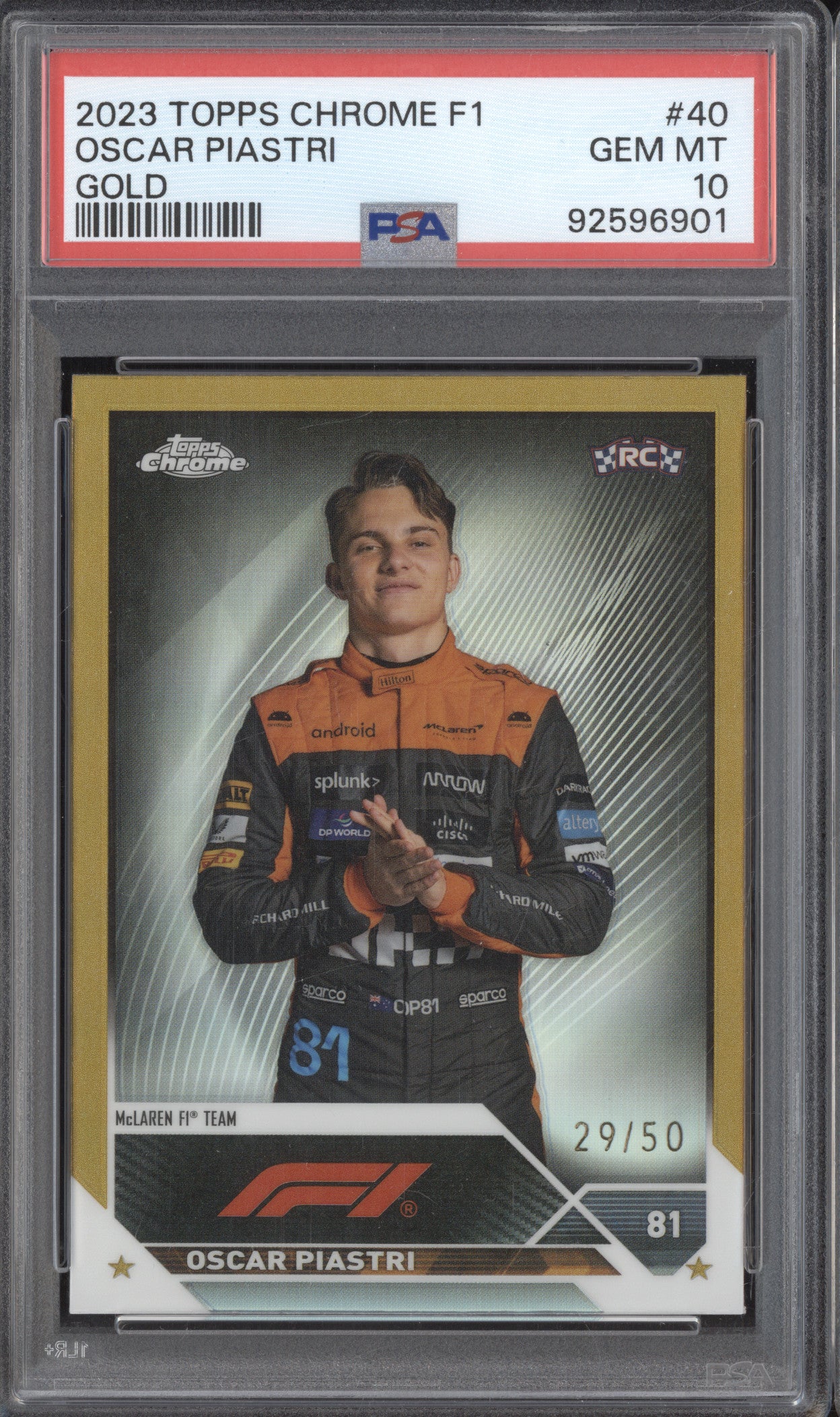 Oscar Piastri 2023 Topps Chrome 40 Gold Refractor RC 29/50 PSA 10