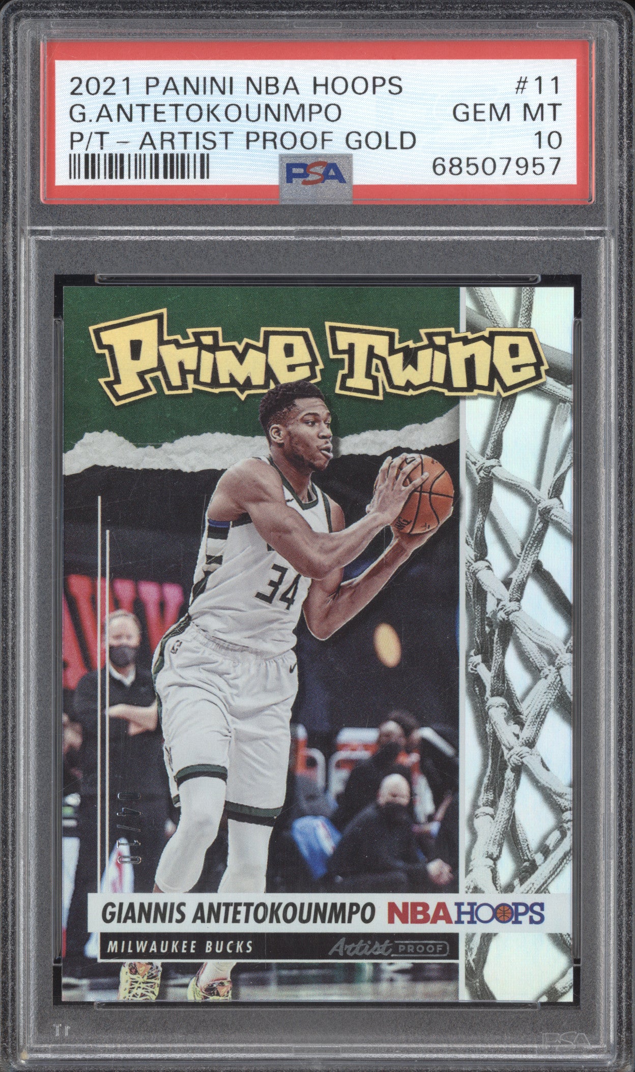 Giannis Antetokounmpo 2021 Panini Hoops 11 Prime Twine Art Proof Gold /10 PSA 10