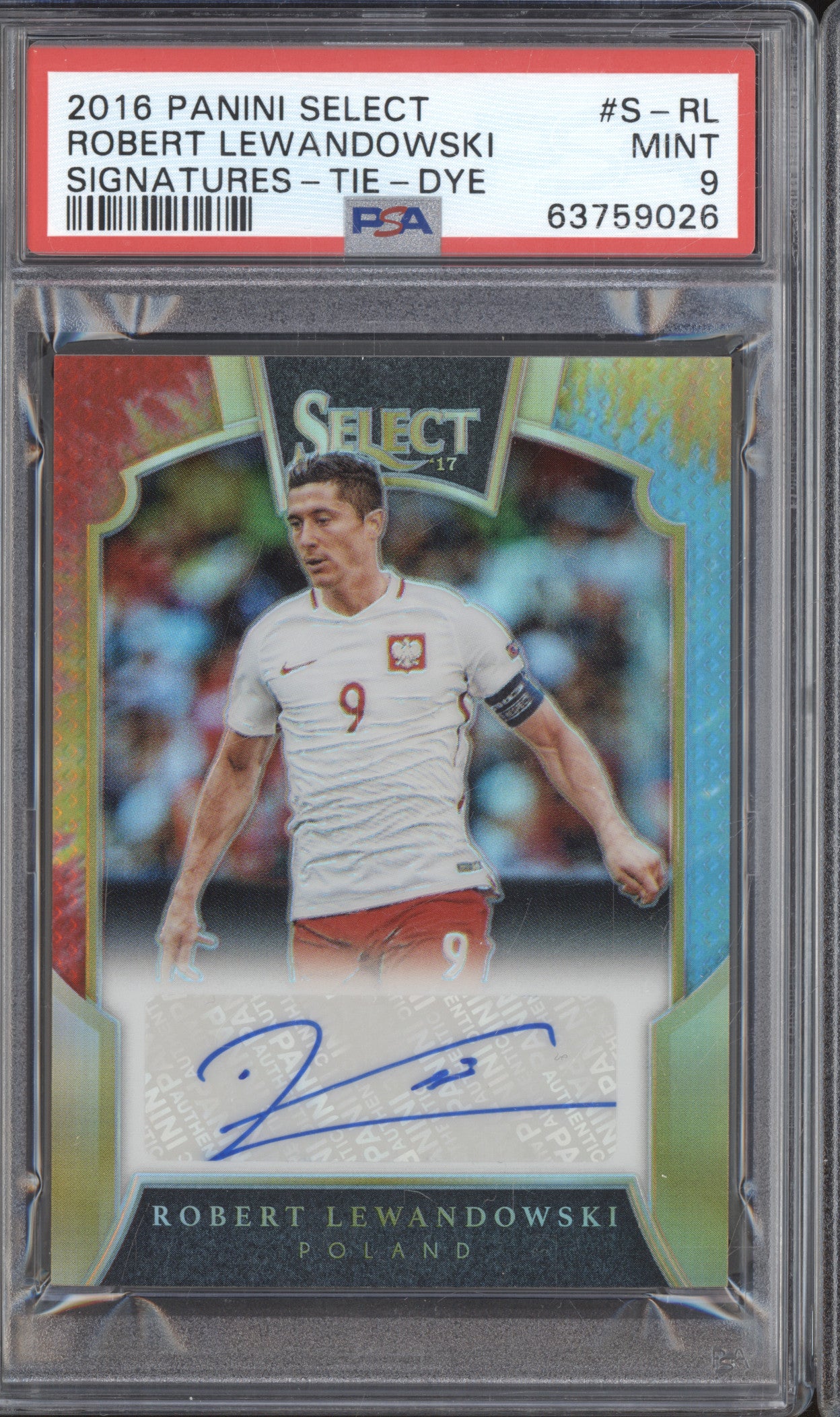 Robert Lewandowski 2016-17 Panini Select S-RL Signatures Tie-Dye 6/15 PSA 9