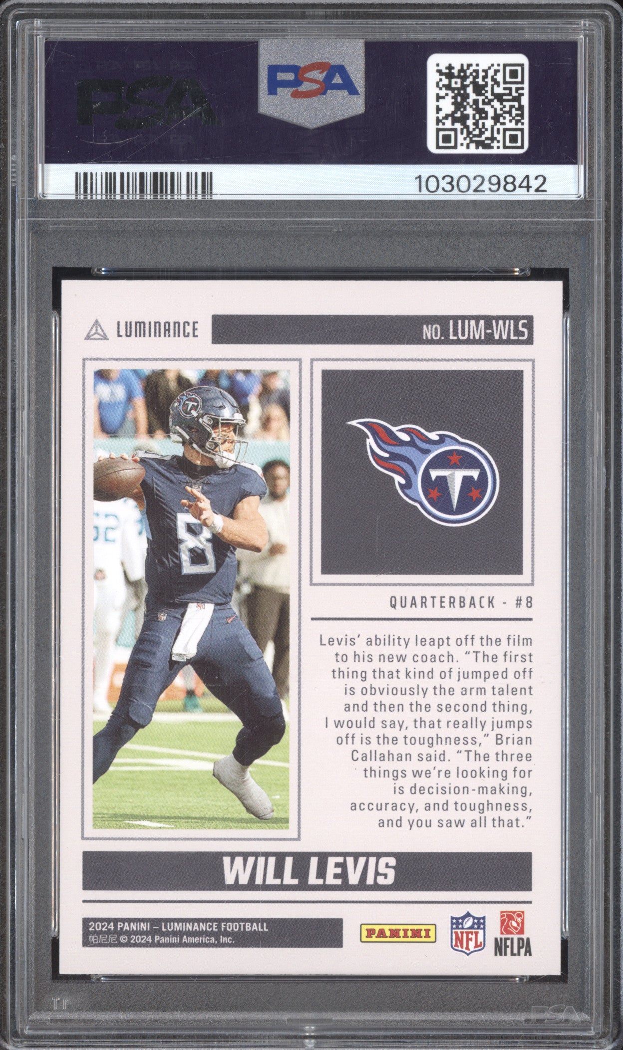 Will Levis 2024 Panini Luminance LUM-WLS Luminosity PSA 9