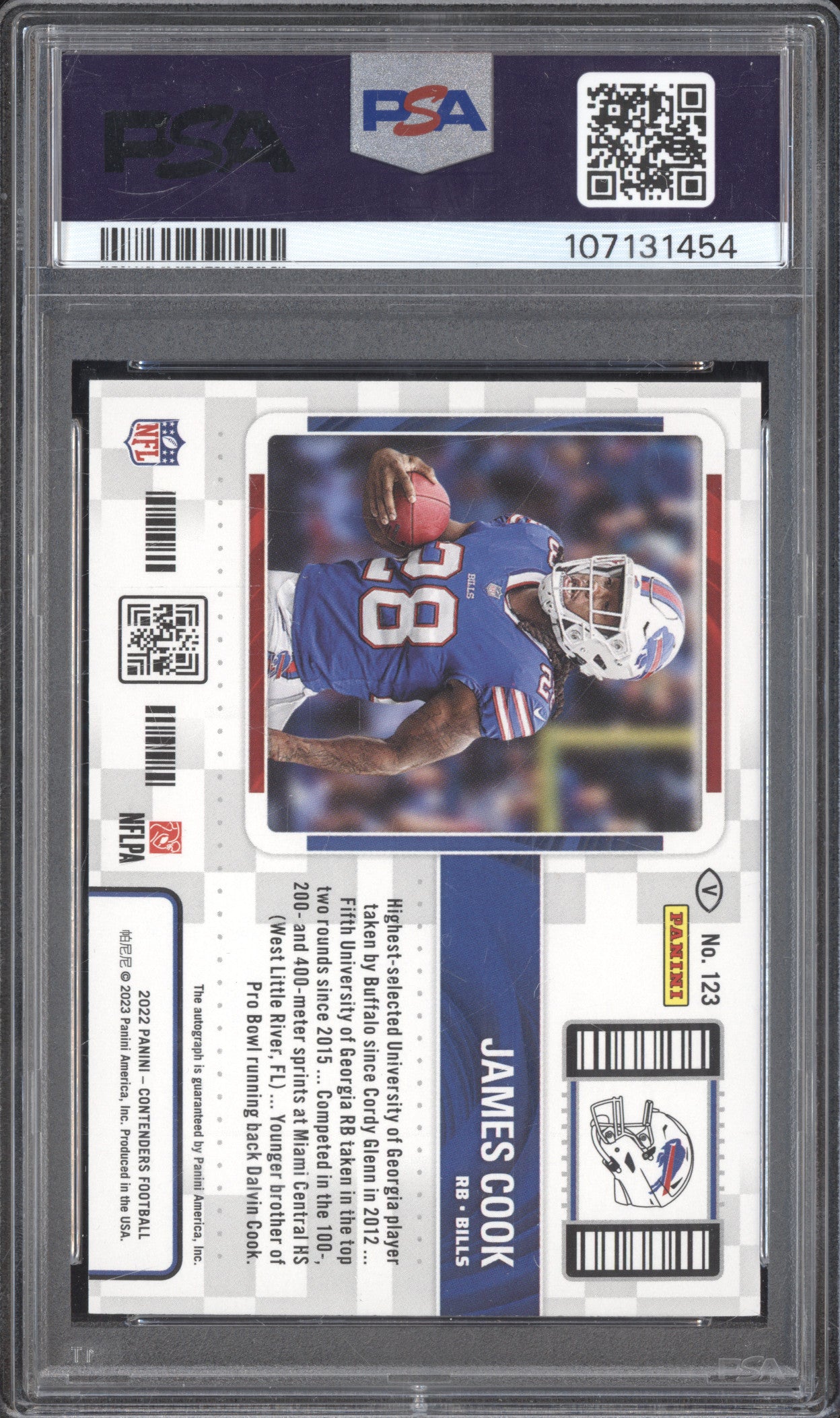 James Cook 2022 Panini Zenith 123 Rookie Ticket Auto Blue RC 13/23 PSA 9/10