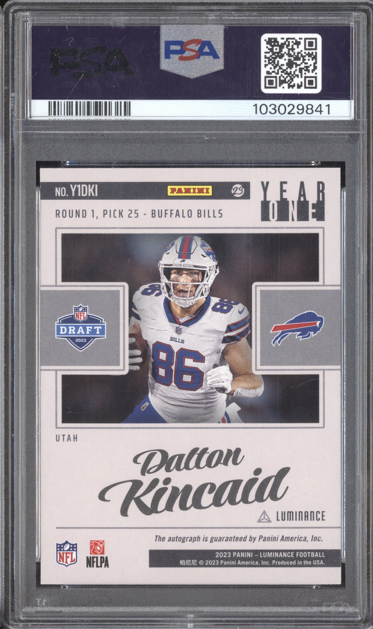 Dalton Kincaid 2023 Panini Luminance Y1DKI Year One Auto RC PSA 9