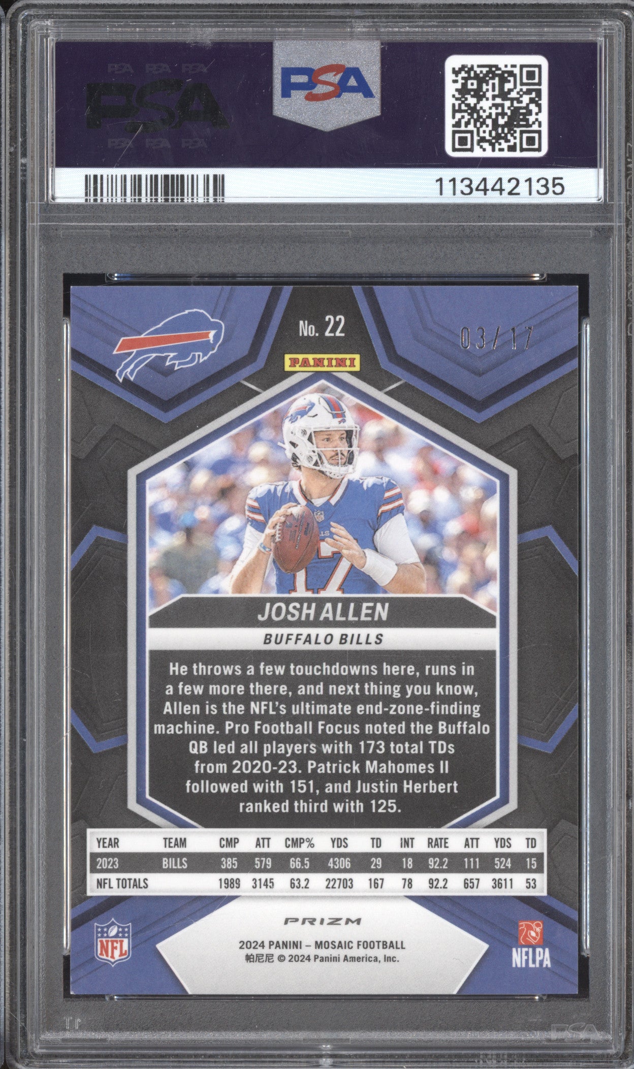 Josh Allen 2024 Panini Mosaic 22 Gold Wave 3/17 PSA 8