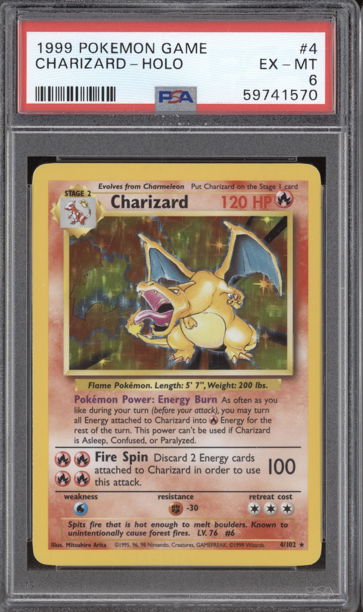 1999 Pokemon Charizard Holo 4/102 Base Set PSA 6