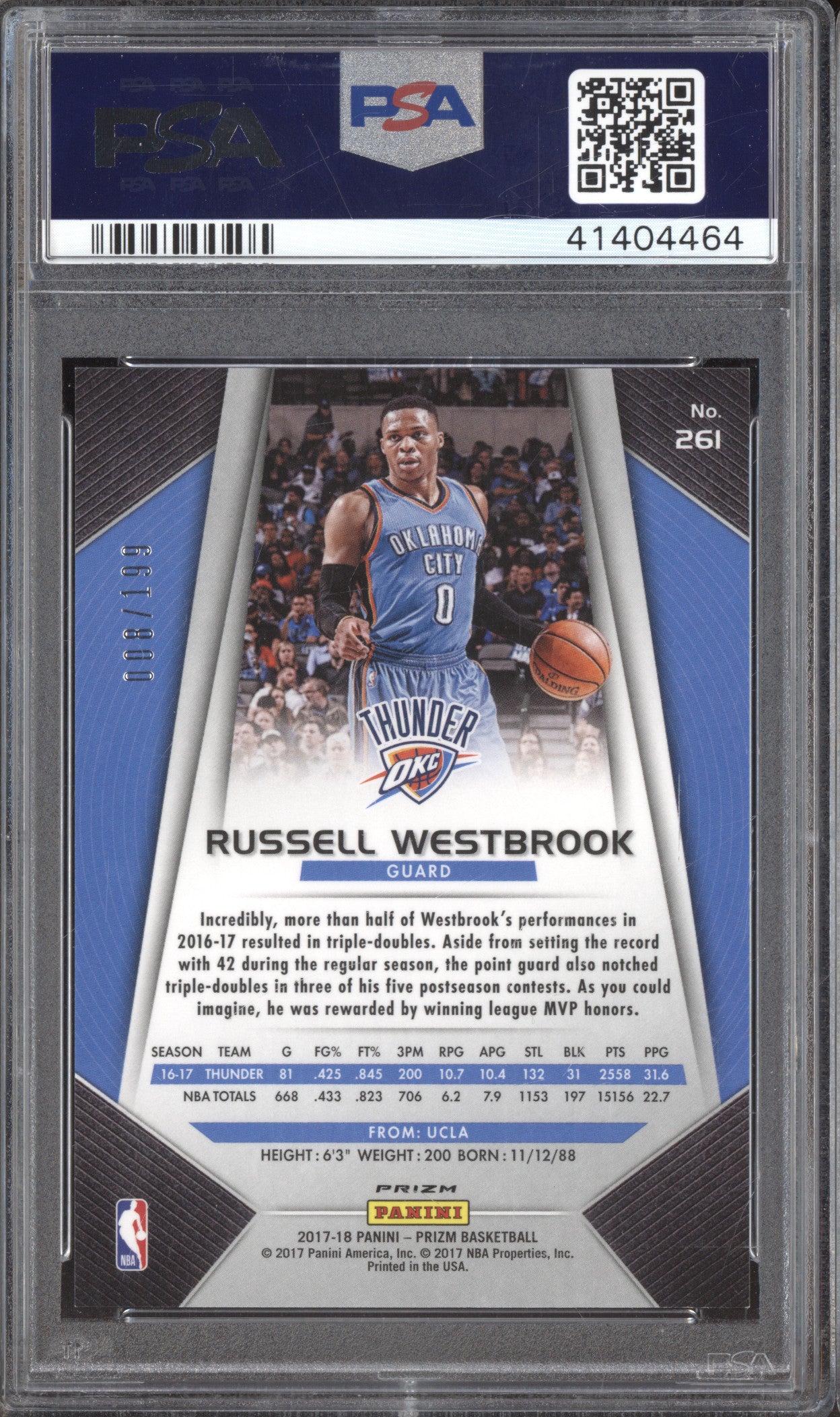 2017 Panini Prizm 261 Russell Westbrook Blue Prizm /199 PSA 9
