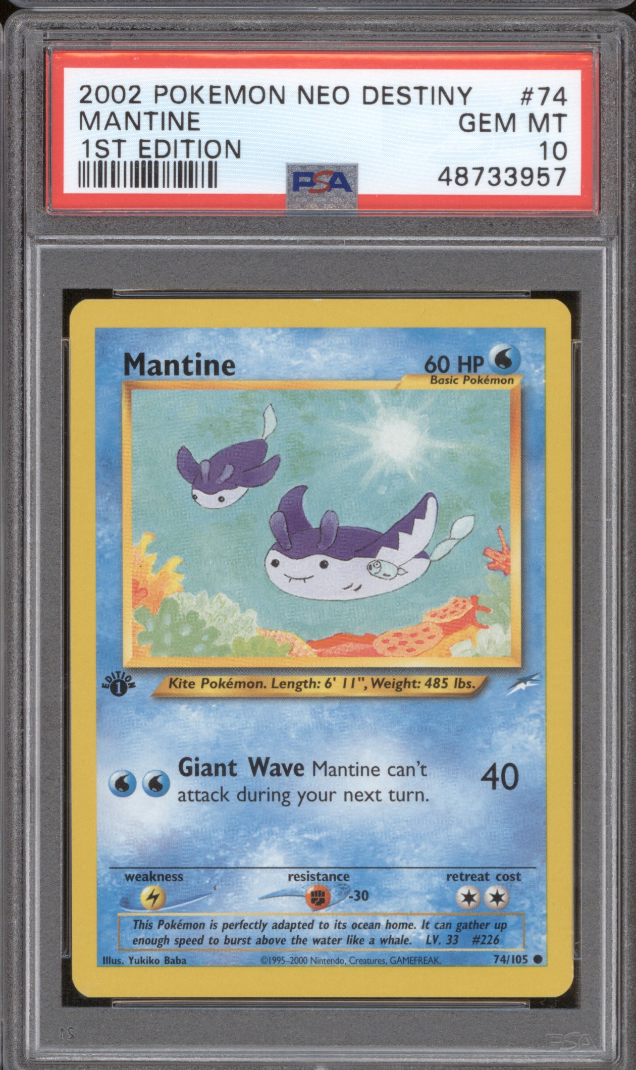 Mantine 2002 Pokemon Neo Destiny 74/105 1st Edition PSA 10