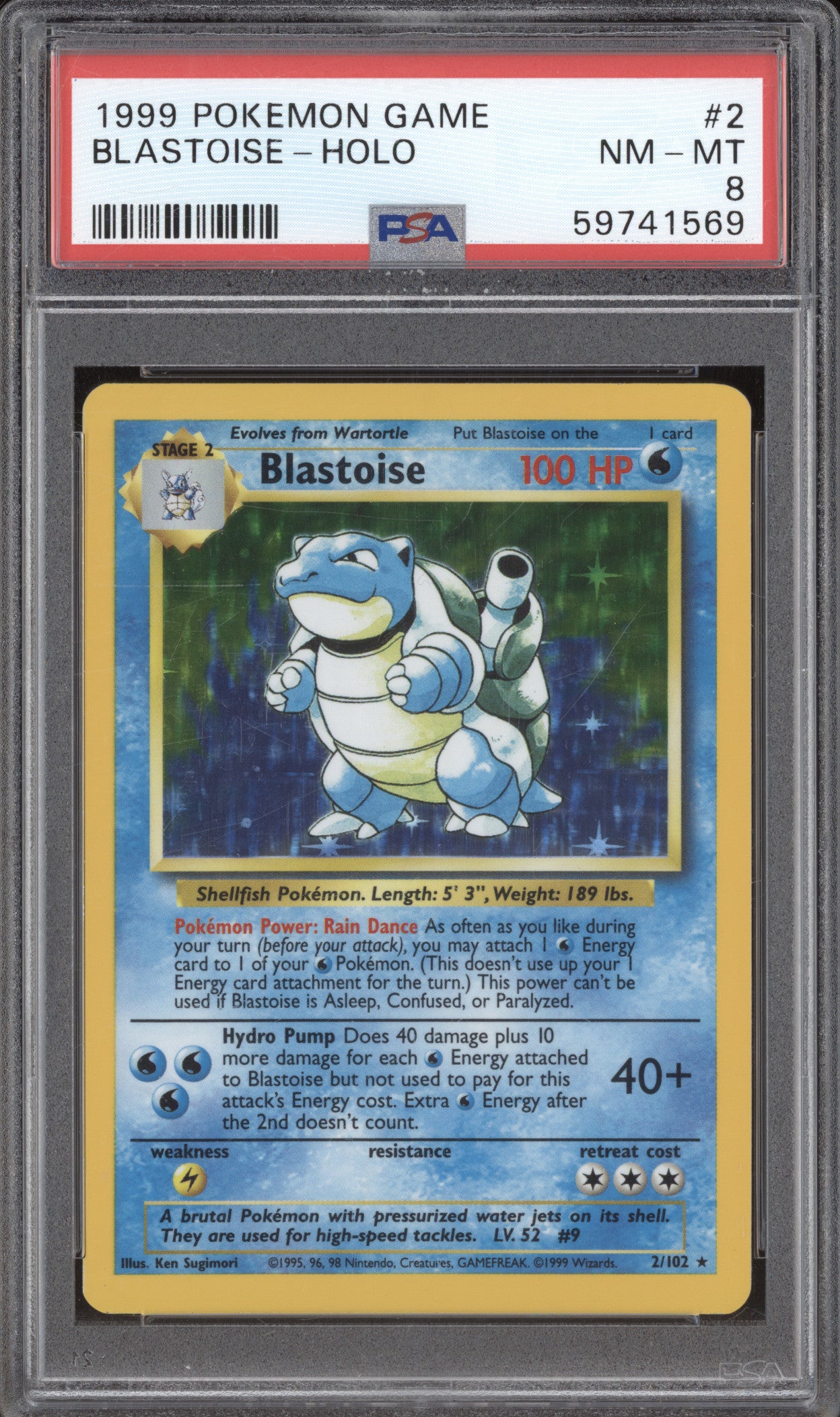 1999 Pokemon Blastoise Holo 2/102 Base Set PSA 8