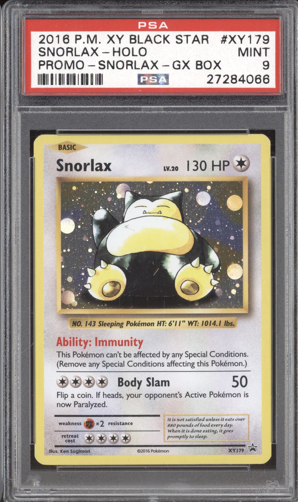 2016 Pokemon Black Star Promo XY179 Snorlax Holo PSA 9