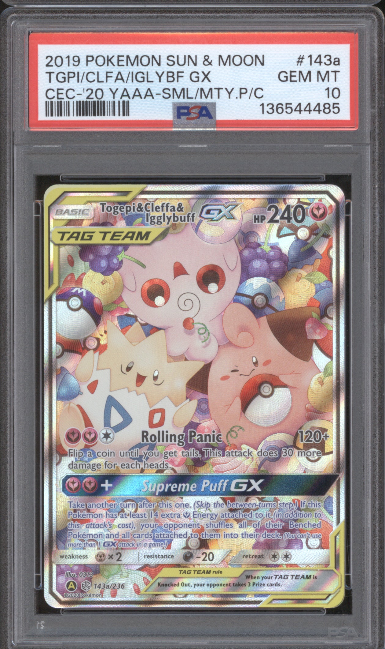 Togepi & Cleffa & Igglybuff GX Pokemon Cosmic Eclipse 143a/236 Alternate PSA 10