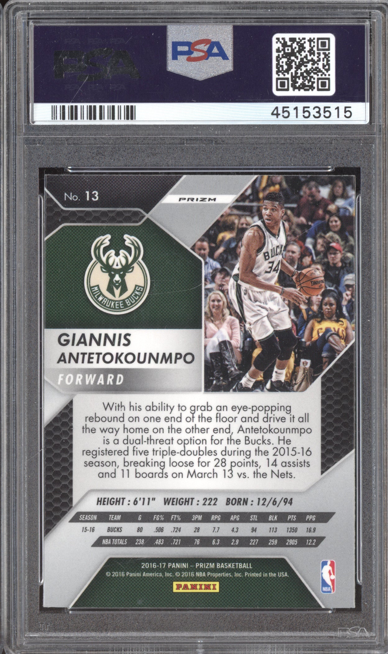 2016 Panini Prizm 13 Giannis Antetokounmpo Starburst Prizm PSA 9