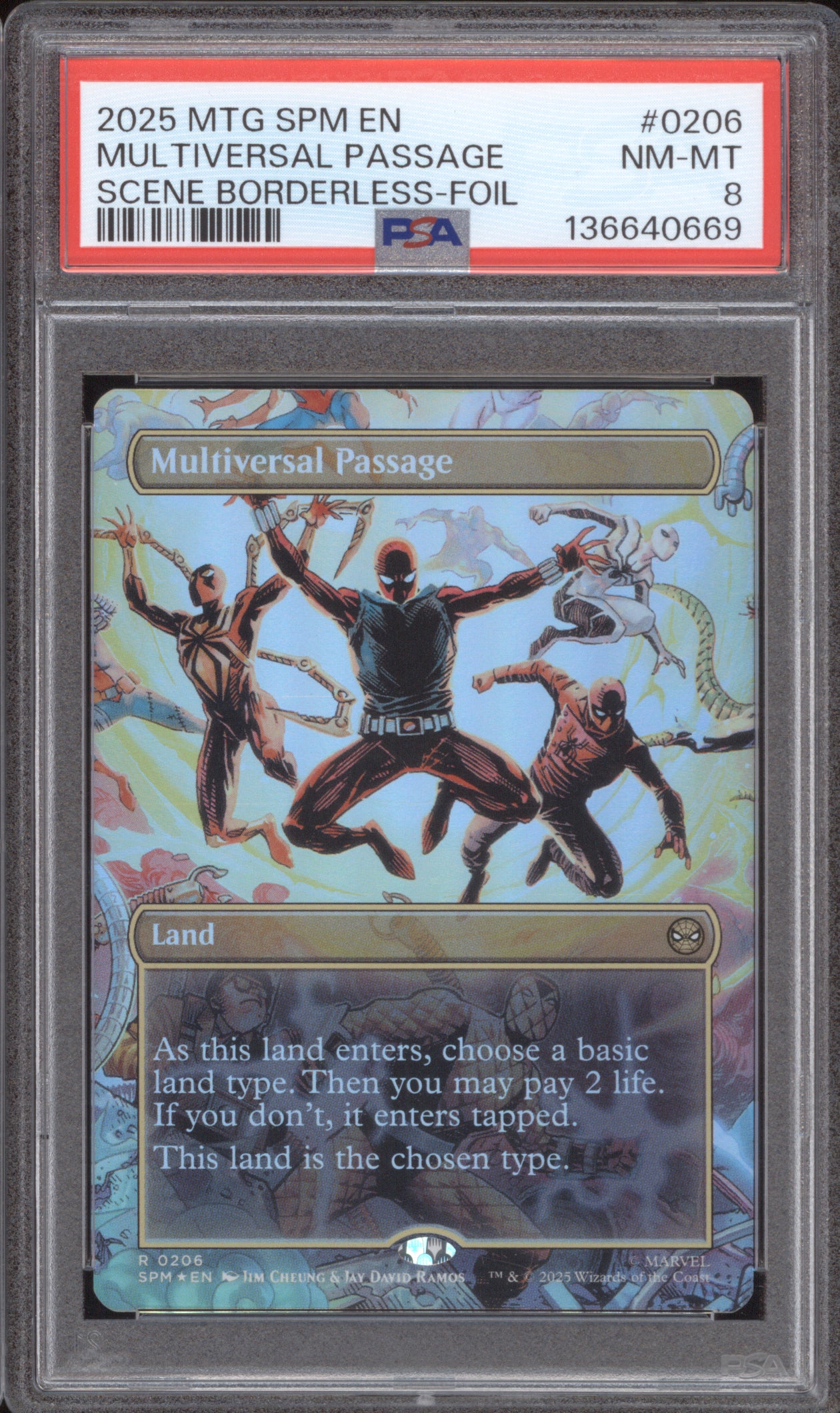 2025 MTG Marvel Spider-Man 0206 Multiversal Passage Scene Borderless Foil PSA 8