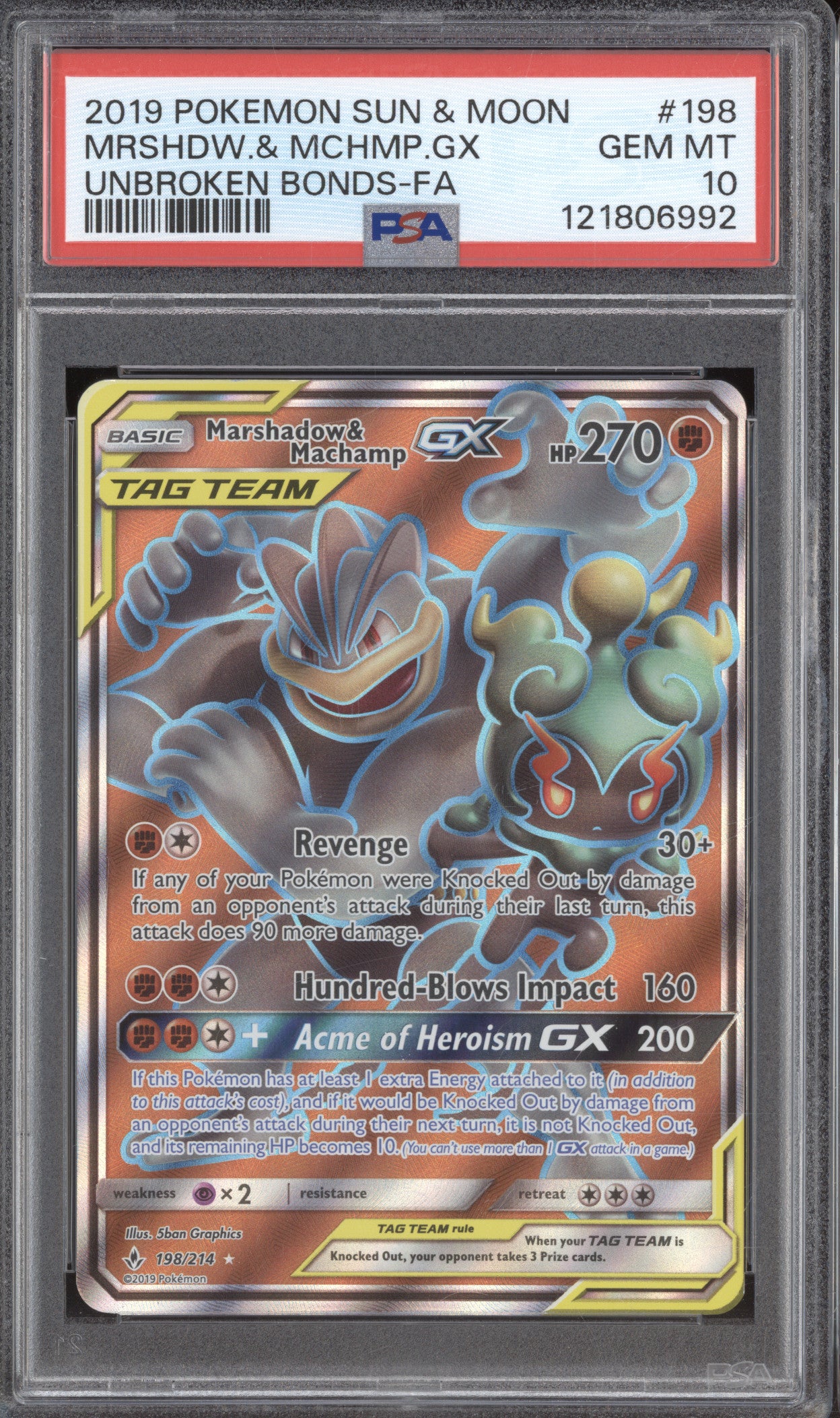 2019 Pokemon Unbroken Bonds 198 Marshadow & Machamp GX Full Art PSA 10