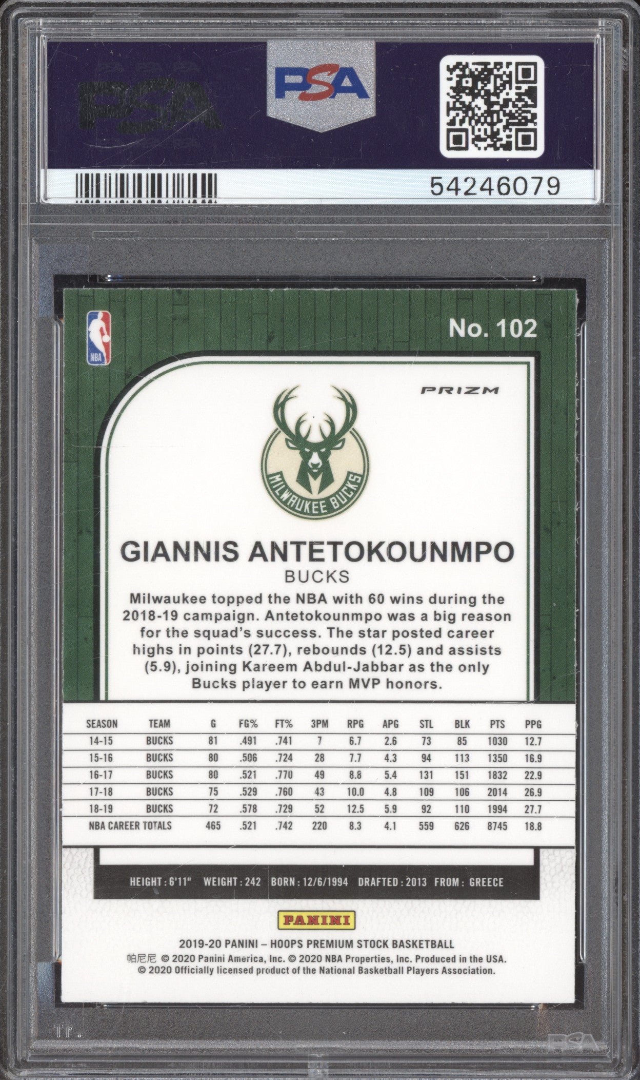 2019 Panini Hoops Premium Stock 102 Giannis Antetokounmpo Pulsar PSA 9