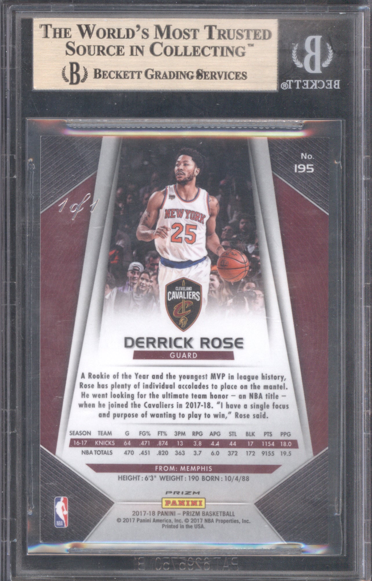 Derrick Rose 2017-18 Panini Prizm 195 Fast Break Black Prizm 1/1 BGS 9.5