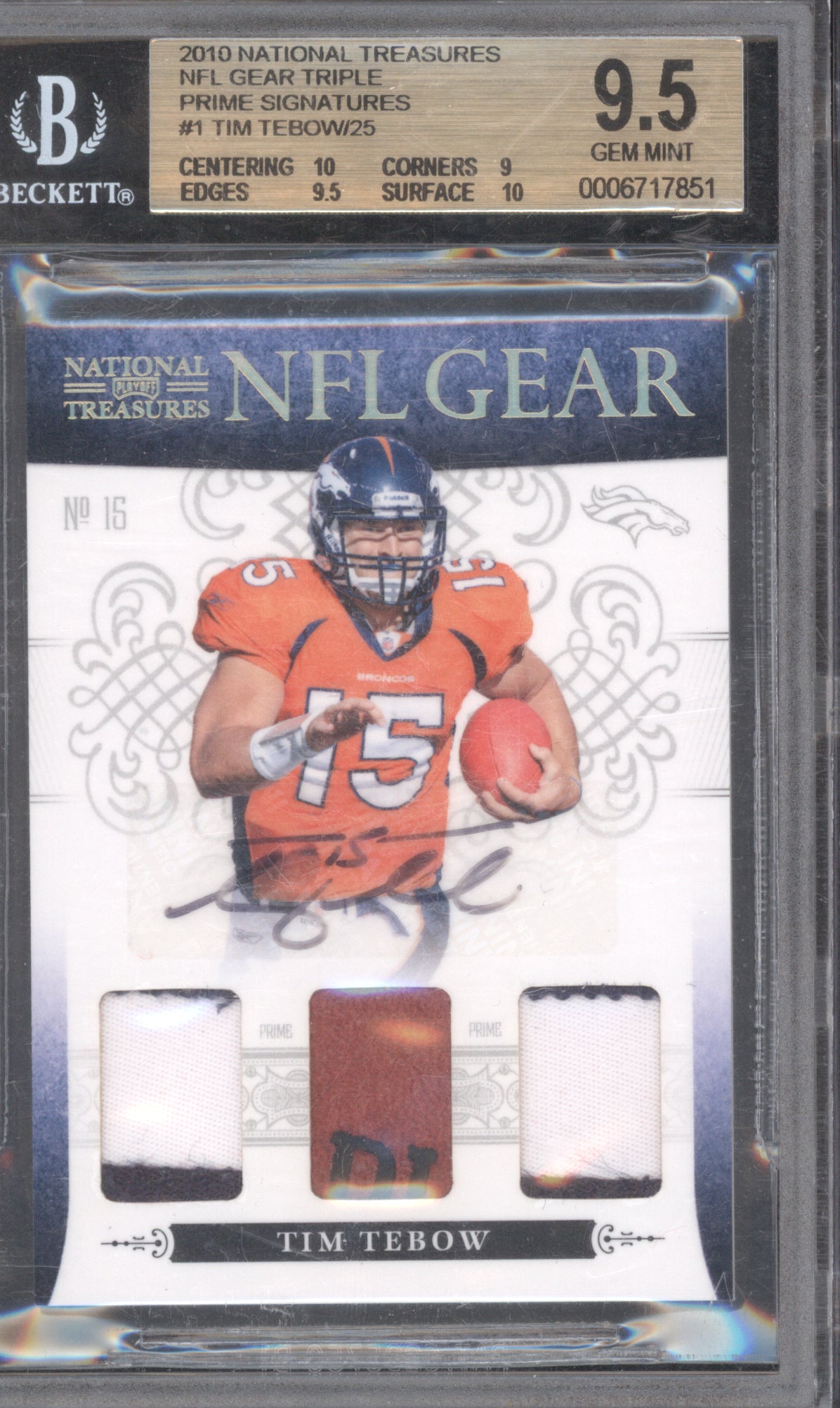 Tim Tebow 2010 Panini National Treasures 1 NFL Gear Prime Signatures /25 BGS 9.5