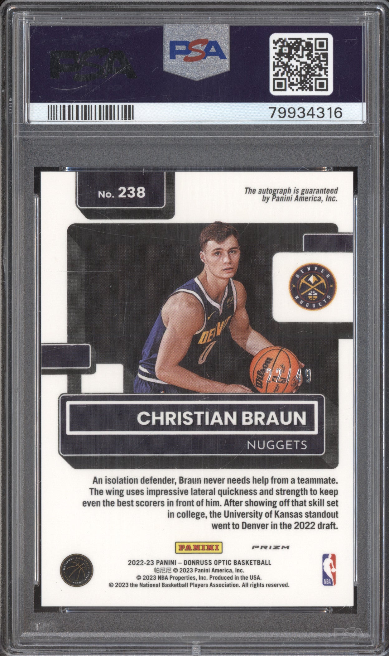 2022 Donruss Optic 238 Christian Braun Signature-Blue RC PSA 9