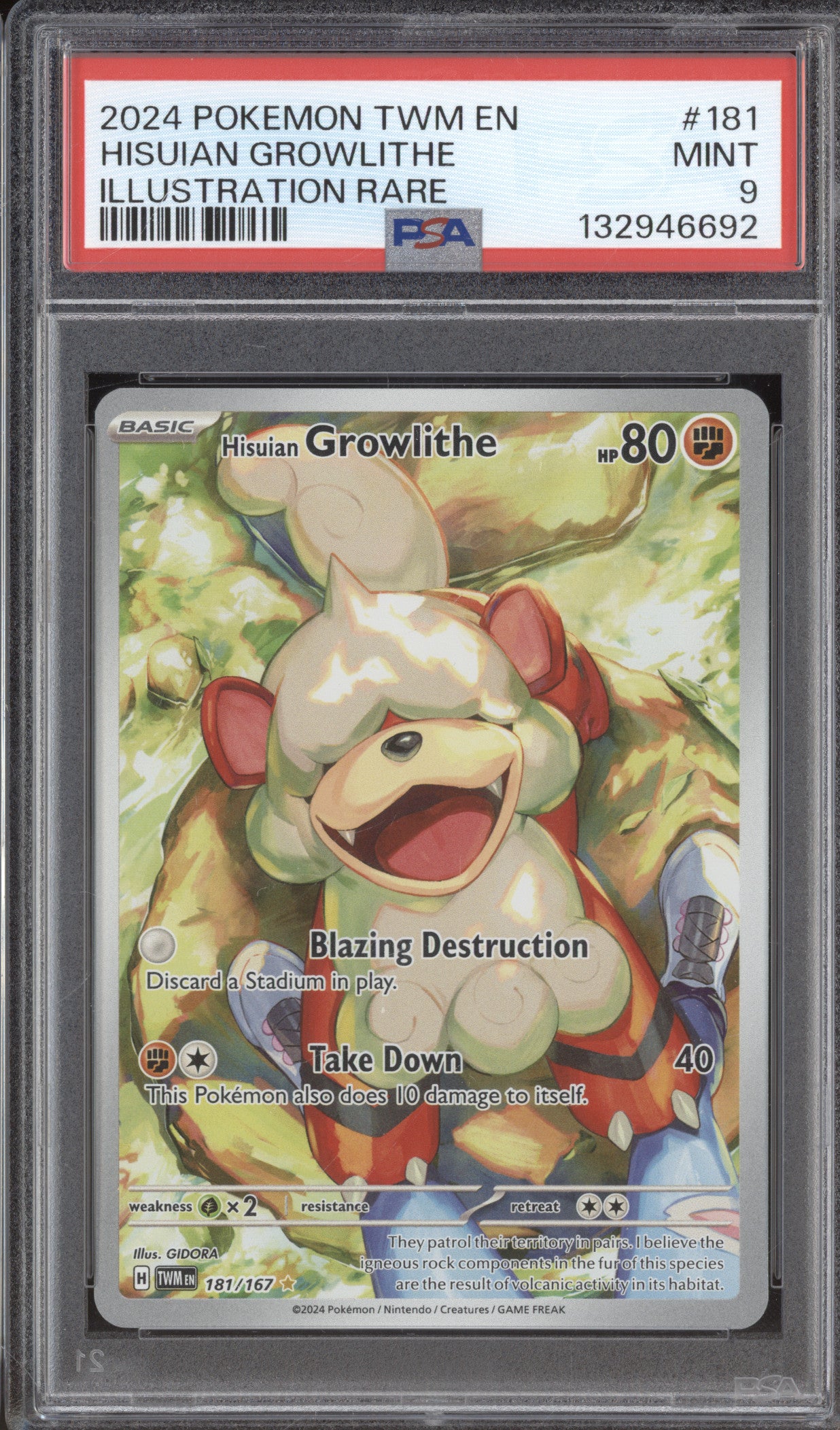Hisuian Growlithe Pokemon Twilight Masquerade TWM 181/167 Illustration PSA 9