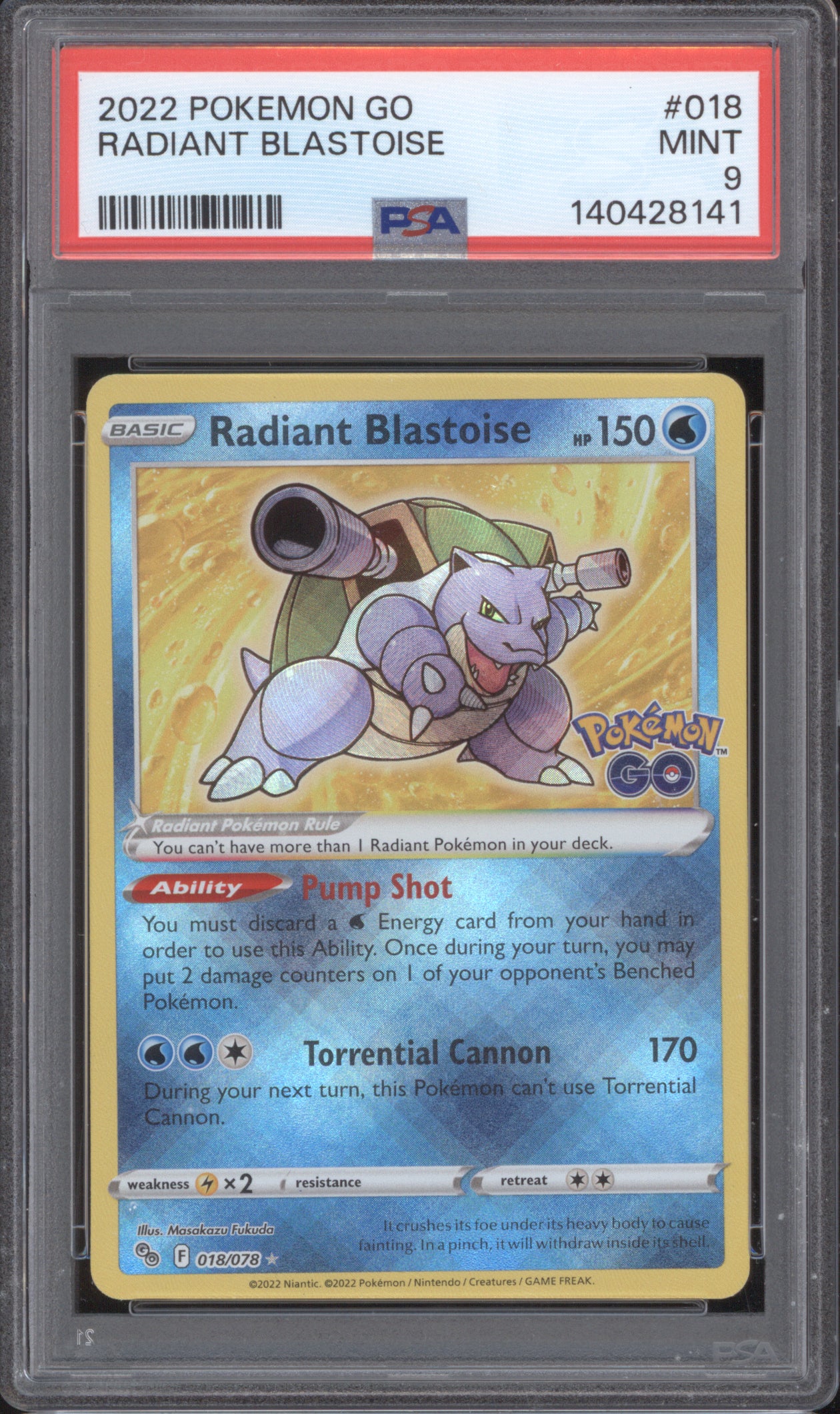 Radiant Blastoise 2022 Pokemon Pokemon GO 018/078 Radiant Rare Holo PSA 9