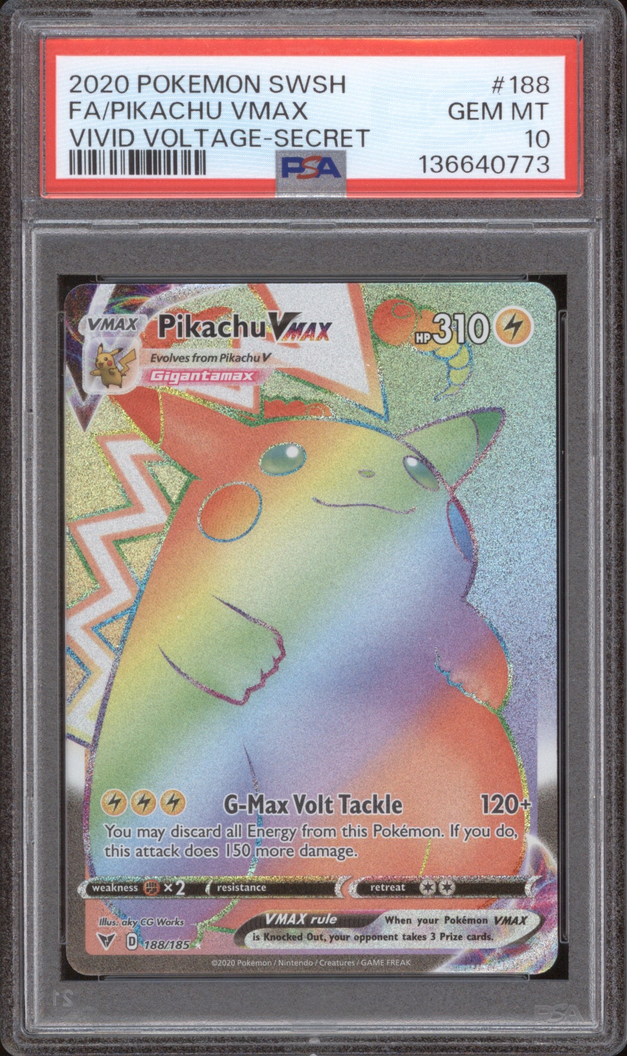 Pikachu VMAX 2020 Pokemon Vivid Voltage 188/185 Secret Rare PSA 10