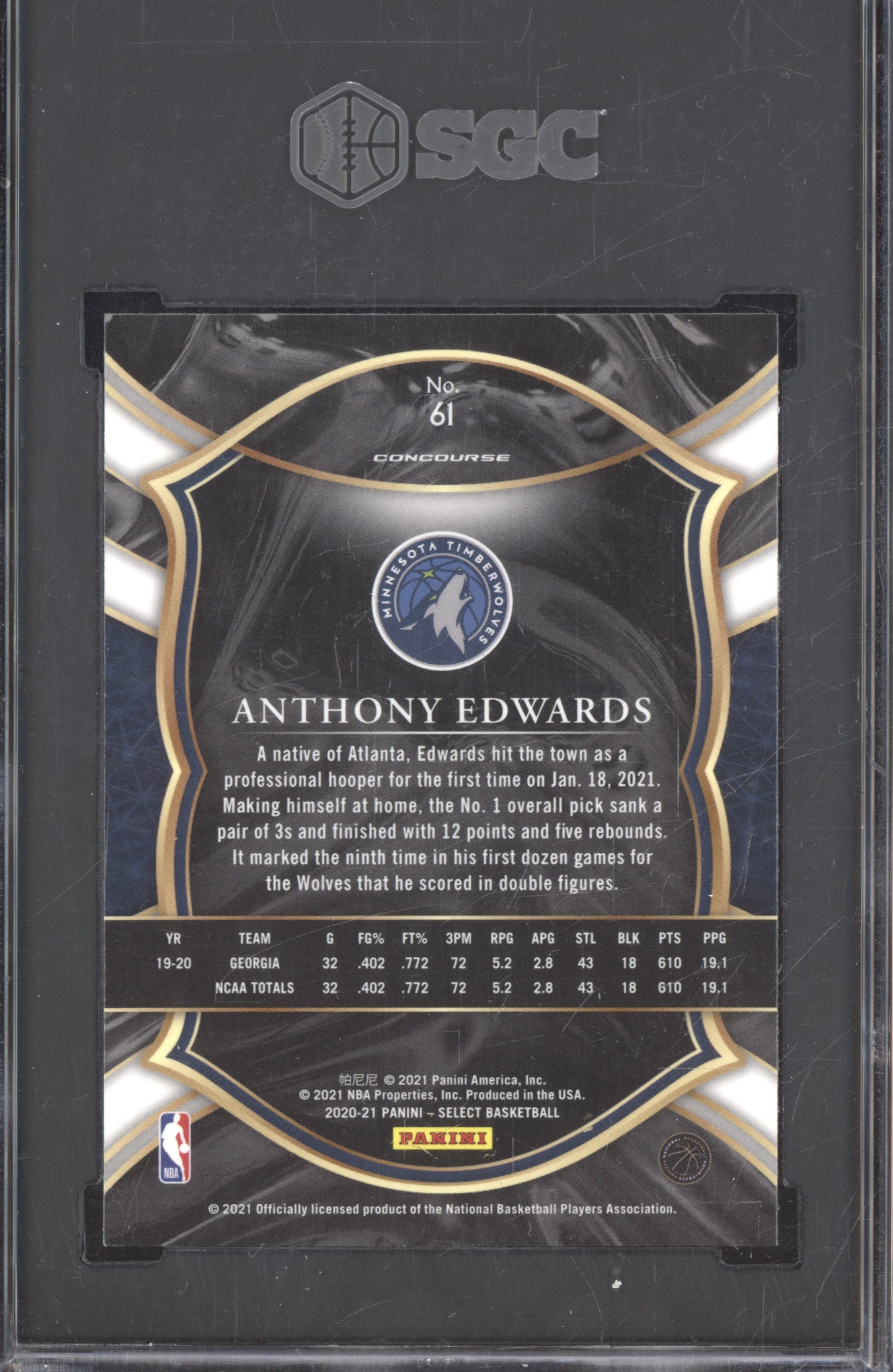 Anthony Edwards 2020 Panini Select 61 Blue Retail RC SGC 10