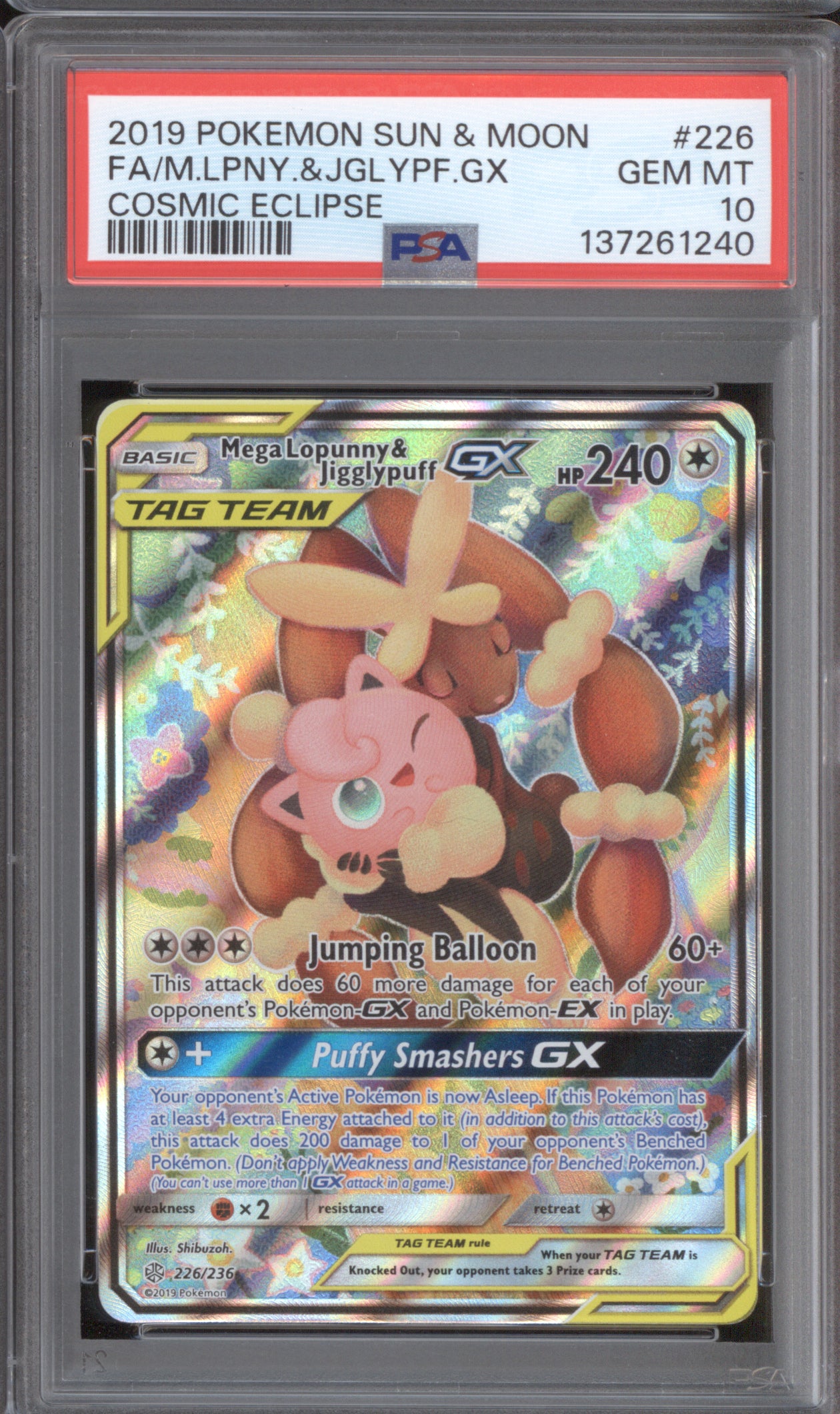 Mega Lopunny & Jigglypuff GX 2019 Pokemon Cosmic Eclipse 226/236 Full Art PSA 10