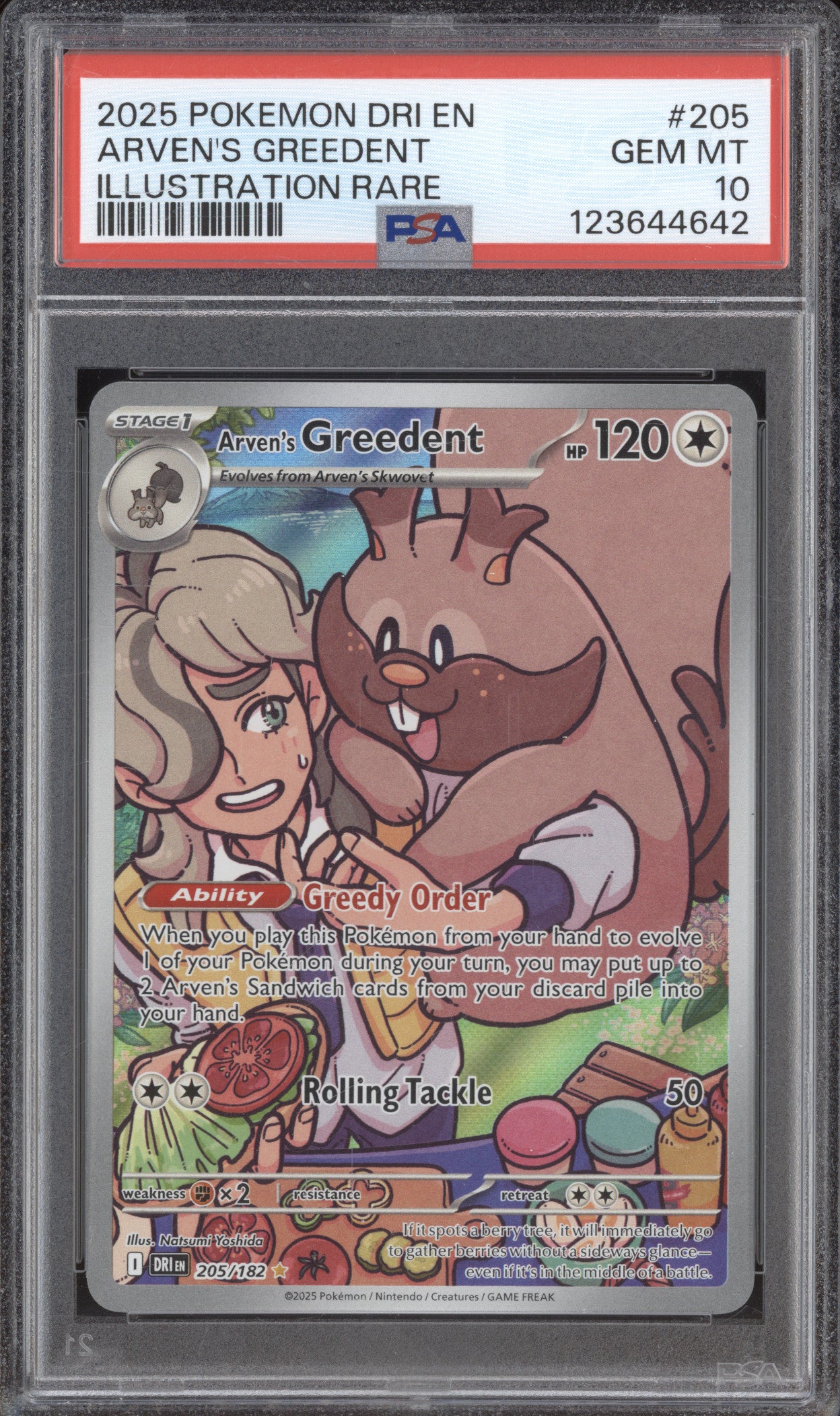 2025 Pokemon Destined Rivals DRI 205 Arven's Greedent PSA 10