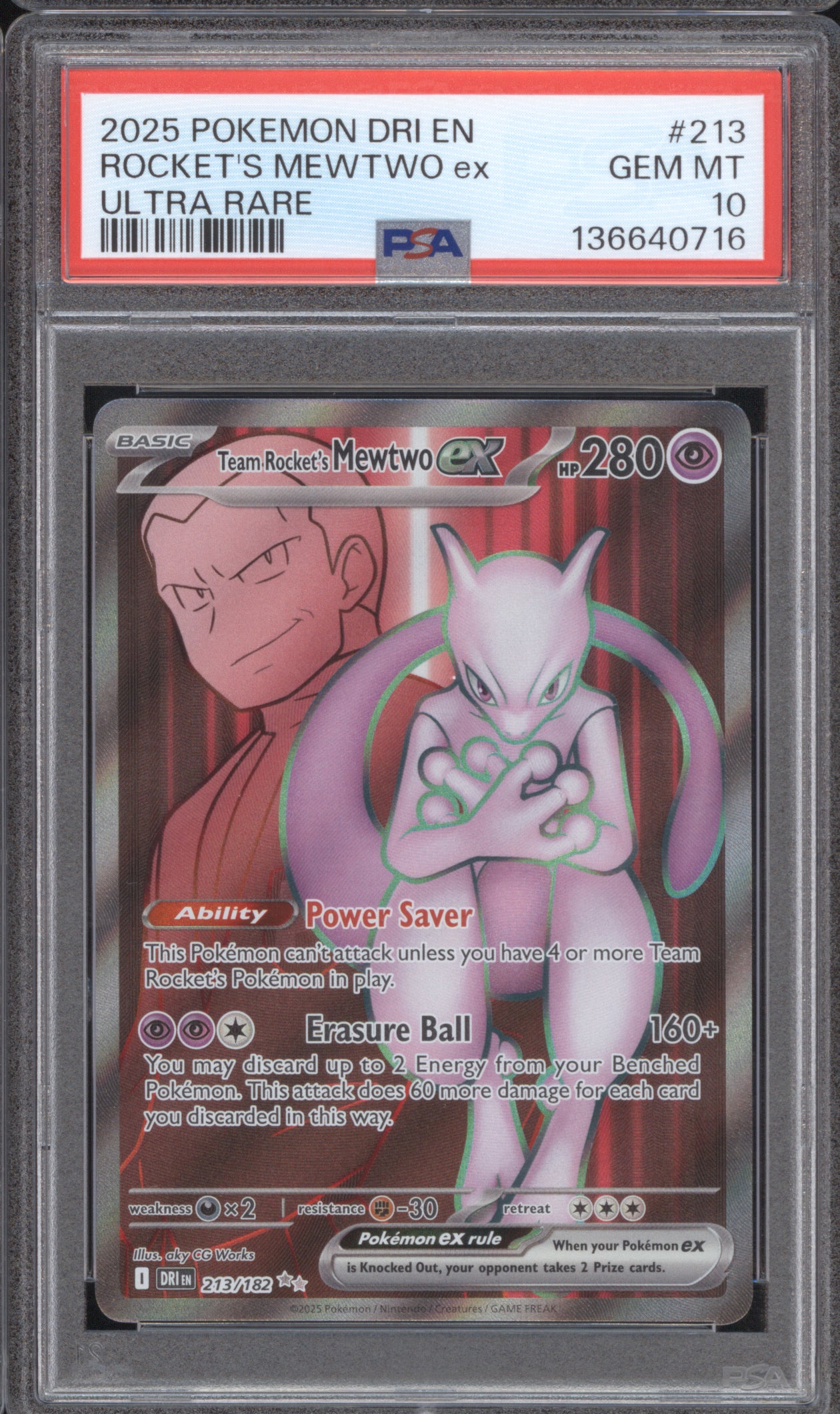 Team Rocket's Mewtwo ex 2025 Pokemon Destined Rivals DRI 213/182 UR PSA 10