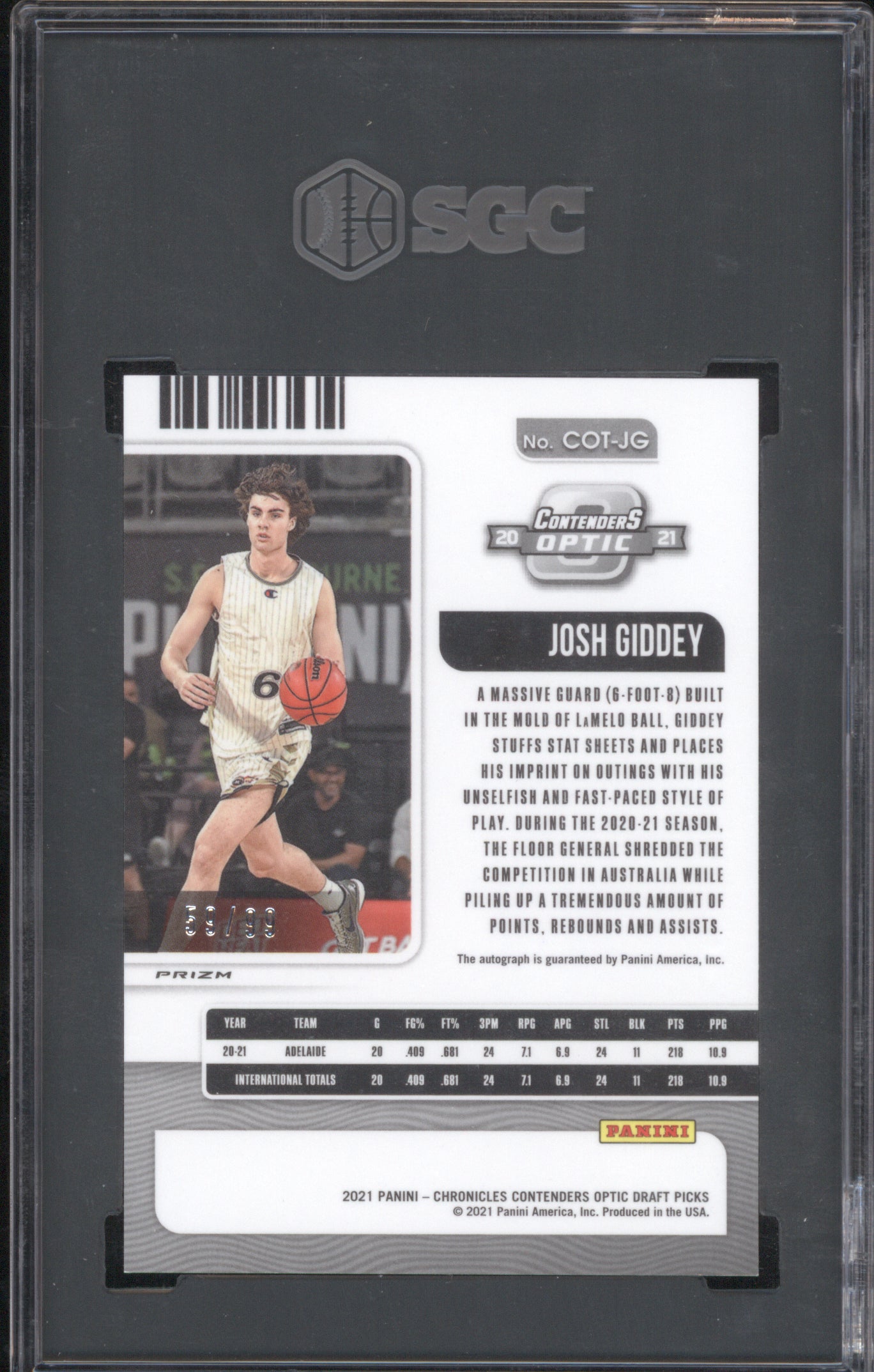 Josh Giddey 2021-22 Panini Chronicles Optic Auto /99 RC SGC 10 10