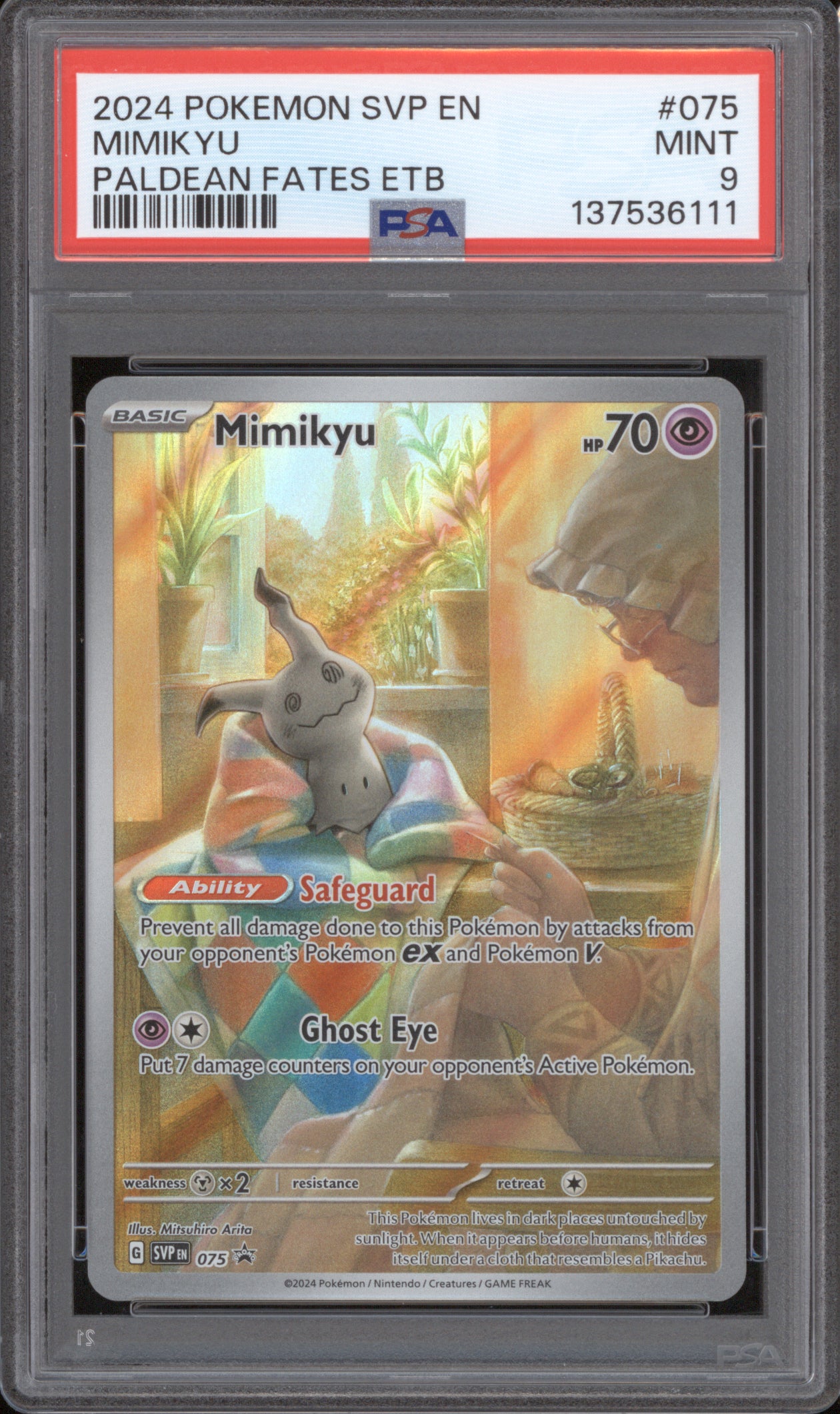 Mimikyu 2024 Pokemon Scarlet Violet Promo SVP 075 ETB Promo PSA 9