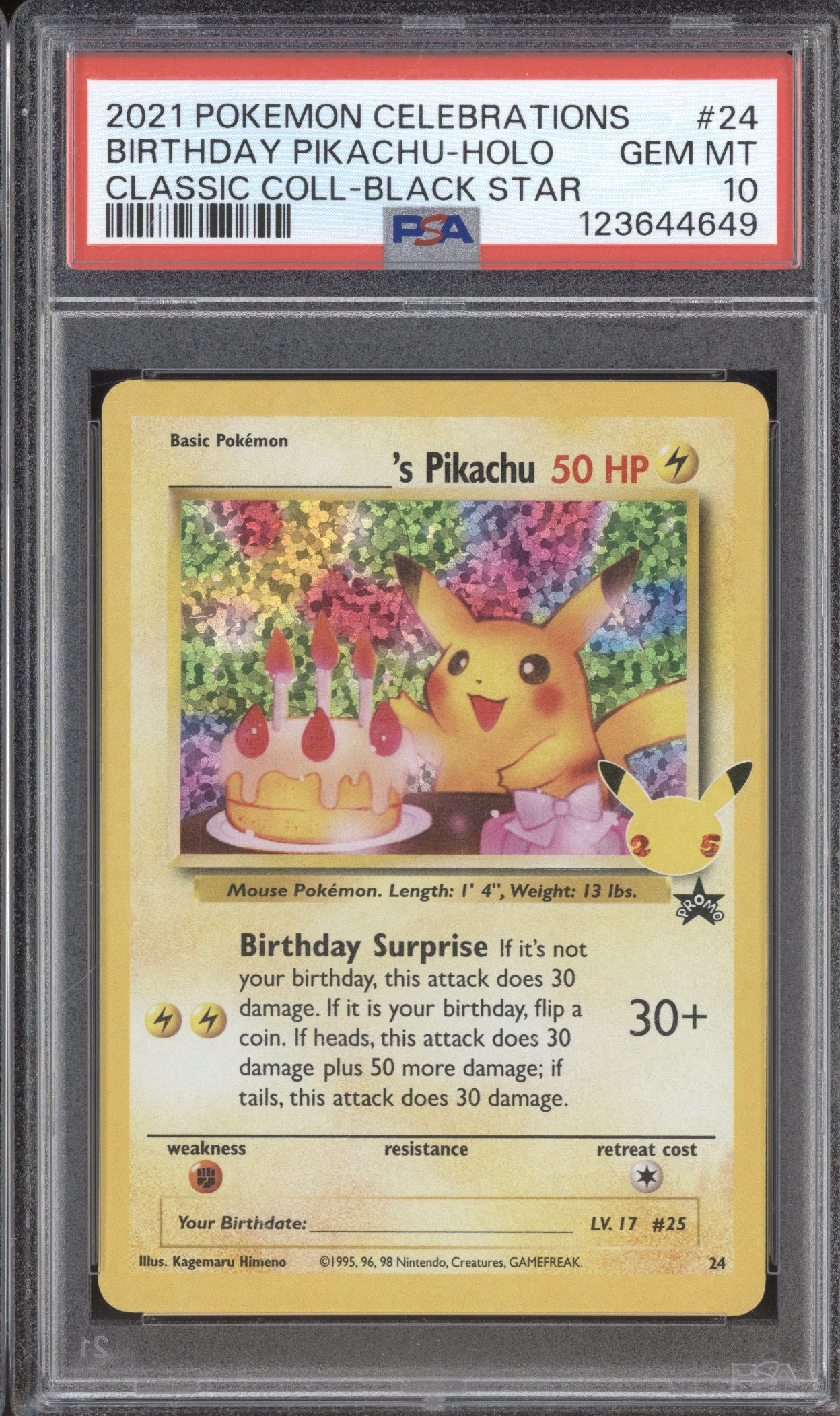 2021 Pokemon Celebrations 24 Birthday Pikachu Holo PSA 10