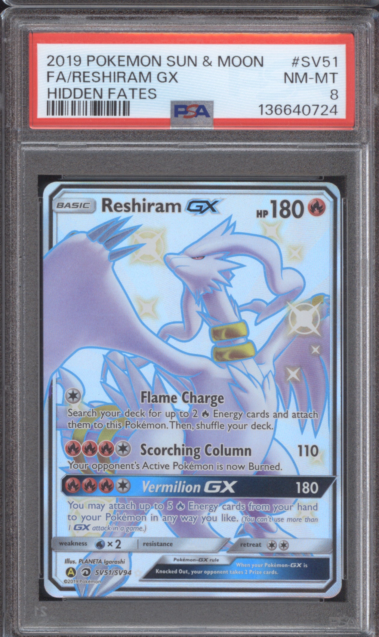 Reshiram GX 2019 Pokemon Hidden Fates SV51/SV94 Full Art PSA 8