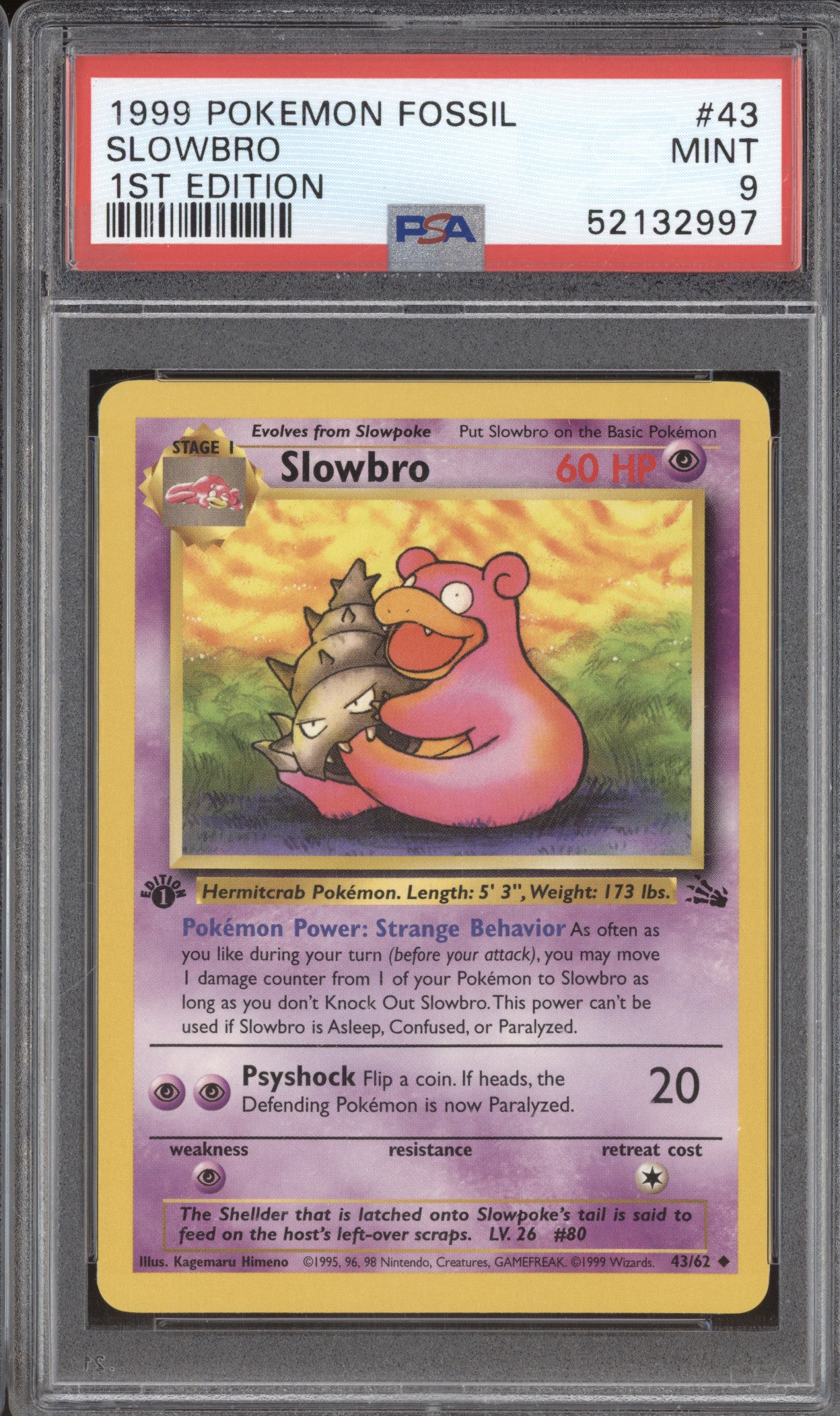 1999 Pokemon Fossil 43 Slowbro 1st Edition PSA 9