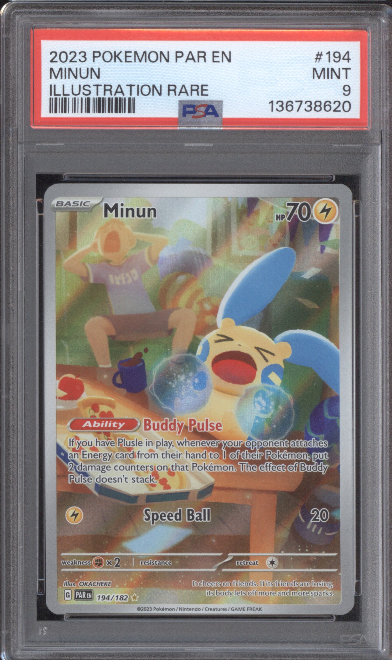 Minun 2023 Pokemon Paradox Rift PAR 194/182 Illustration Rare PSA 9