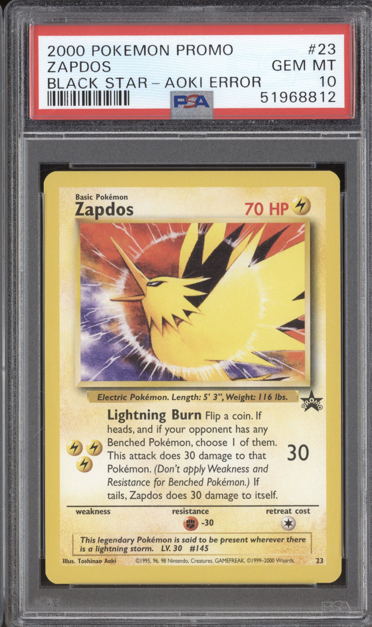 2000 Pokemon Wizards of the Coast Black Star Promo 23 Zapdos Aoki Error PSA 10