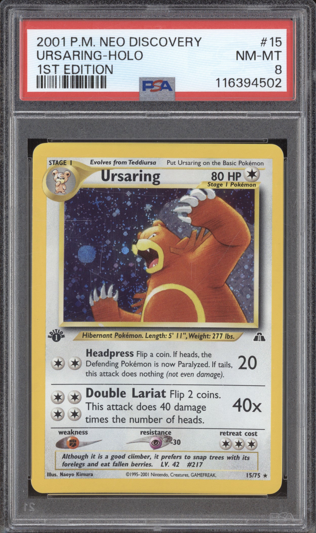 2001 Pokemon Wizards of the Coast Neo Discovery 15 Ursaring 1st Edition Holo PSA 8