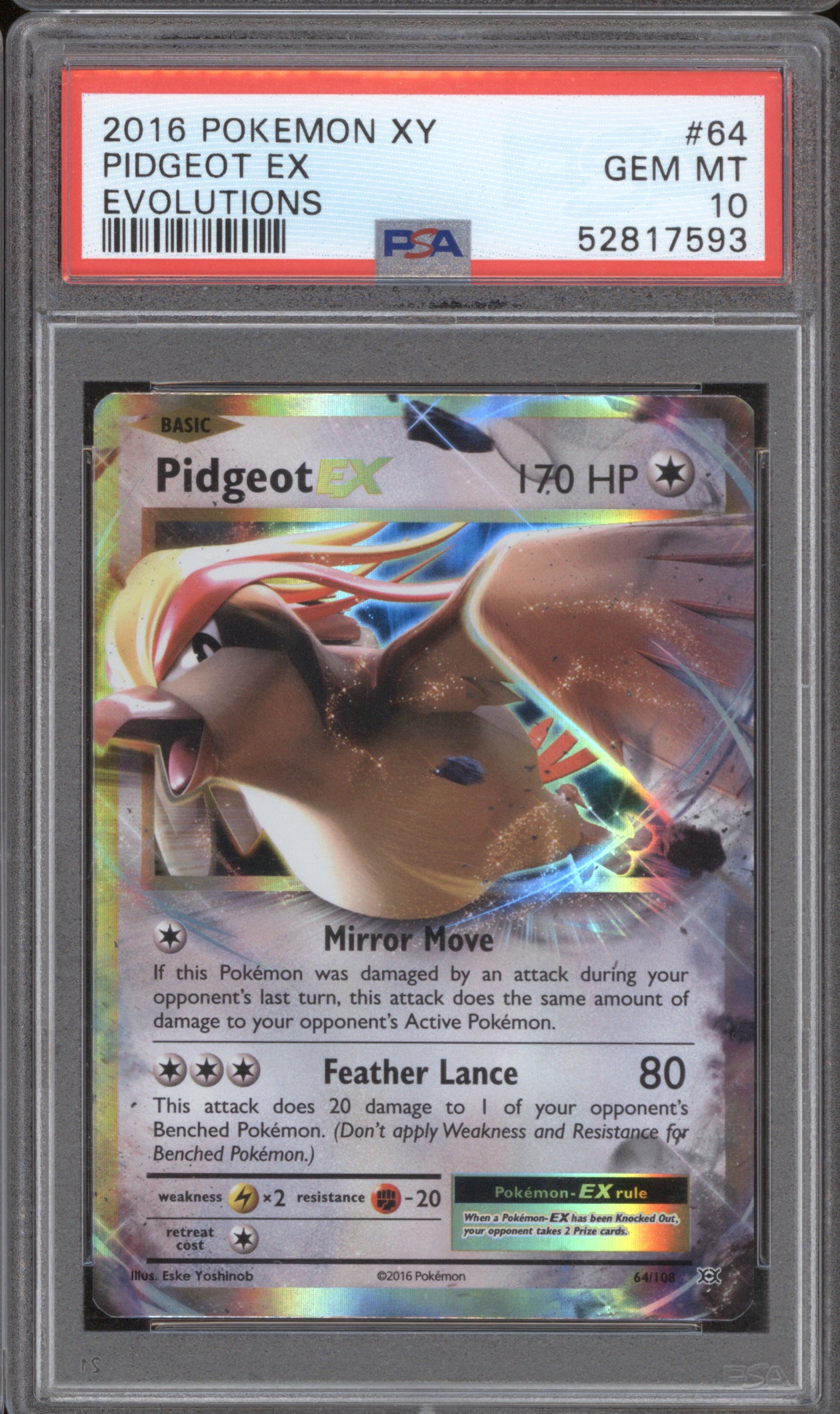 Pidgeot EX 2016 Pokemon XY Evolutions 64/108 Holo PSA 10