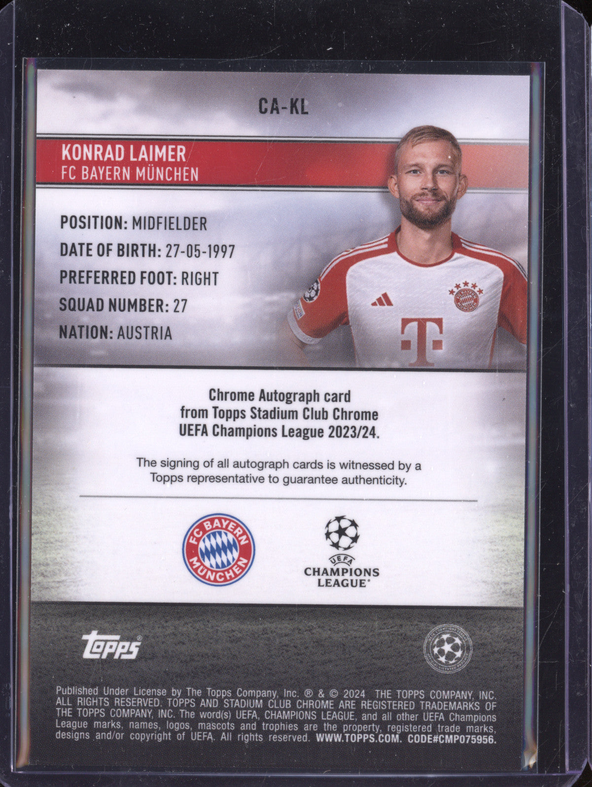 Konrad Laimer 2023-24 Topps Stadium Club Chrome CA-KL Blue Wave Auto 6/75