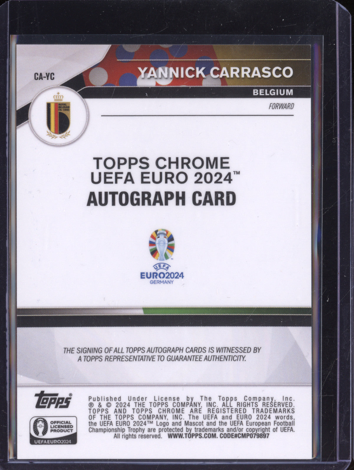 Yannick Carrasco 2024 Topps Chrome UEFA Euro CA-YC Chrome Autograph Gold 23/50