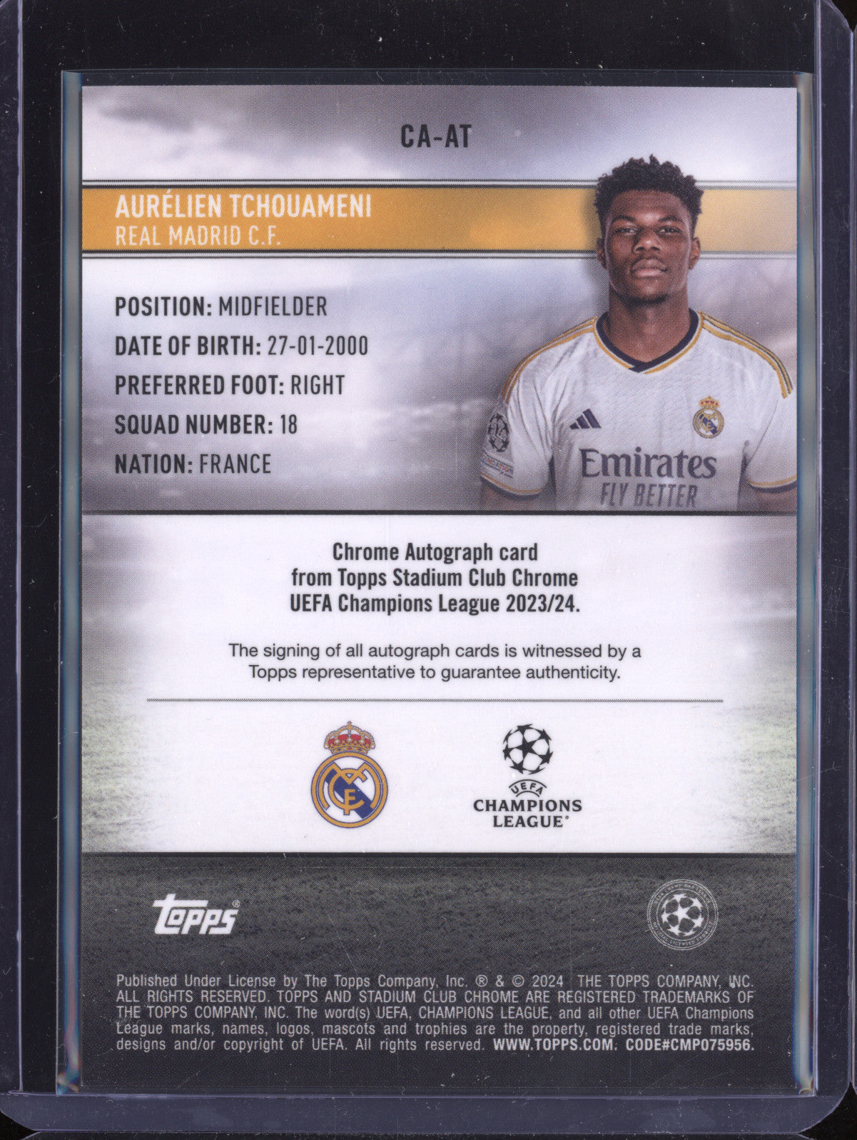 Aurelien Tchouameni 2023-24 Topps Stadium Club Chrome CA-AT Autograph