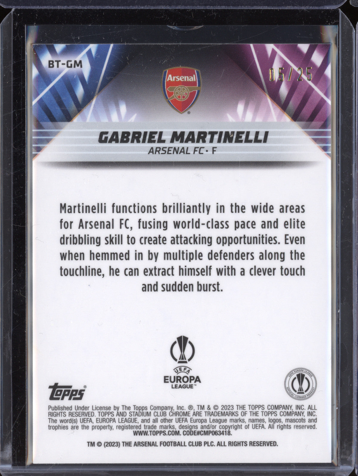 Gabriel Martinelli 2022-23 Topps Stadium Club Chrome BT-GM Beam Team Orange 5/25