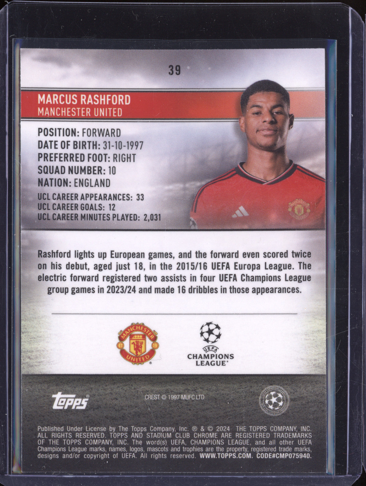 Marcus Rashford 2023-24 Topps Stadium Club Chrome 39 Gold Refractor 8/50