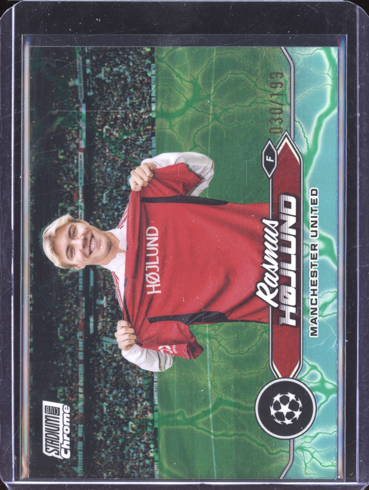 Rasmus Hojlund 2023-24 Topps Stadium Club Chrome Aqua Green Electric Charge /199